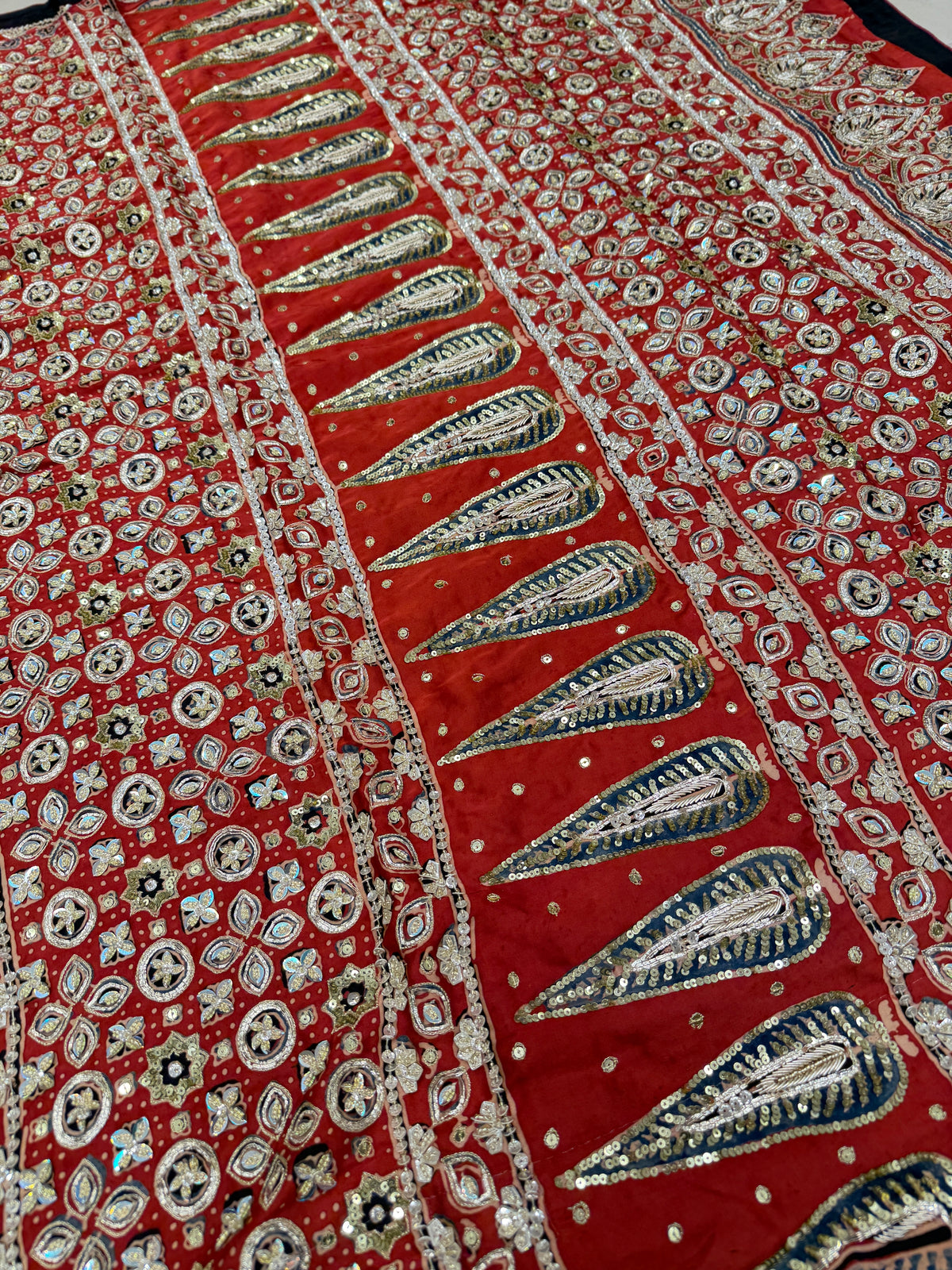Red Badam Jaal Pita Zardosi Sequin Ajrakh Hand Embroidery Saree