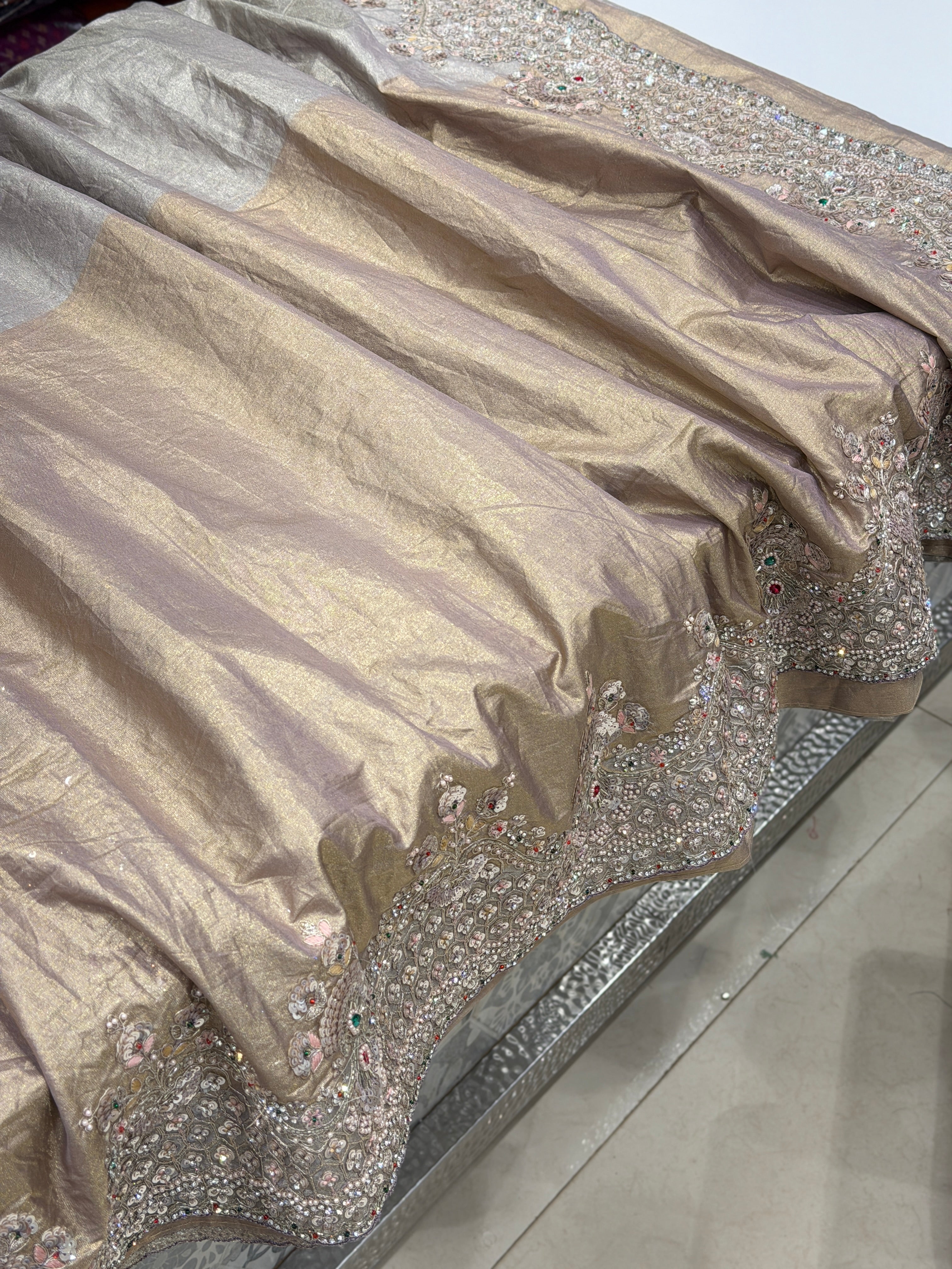 Golden Silver Crushed Paper Tissue Silk Embroidery Saree