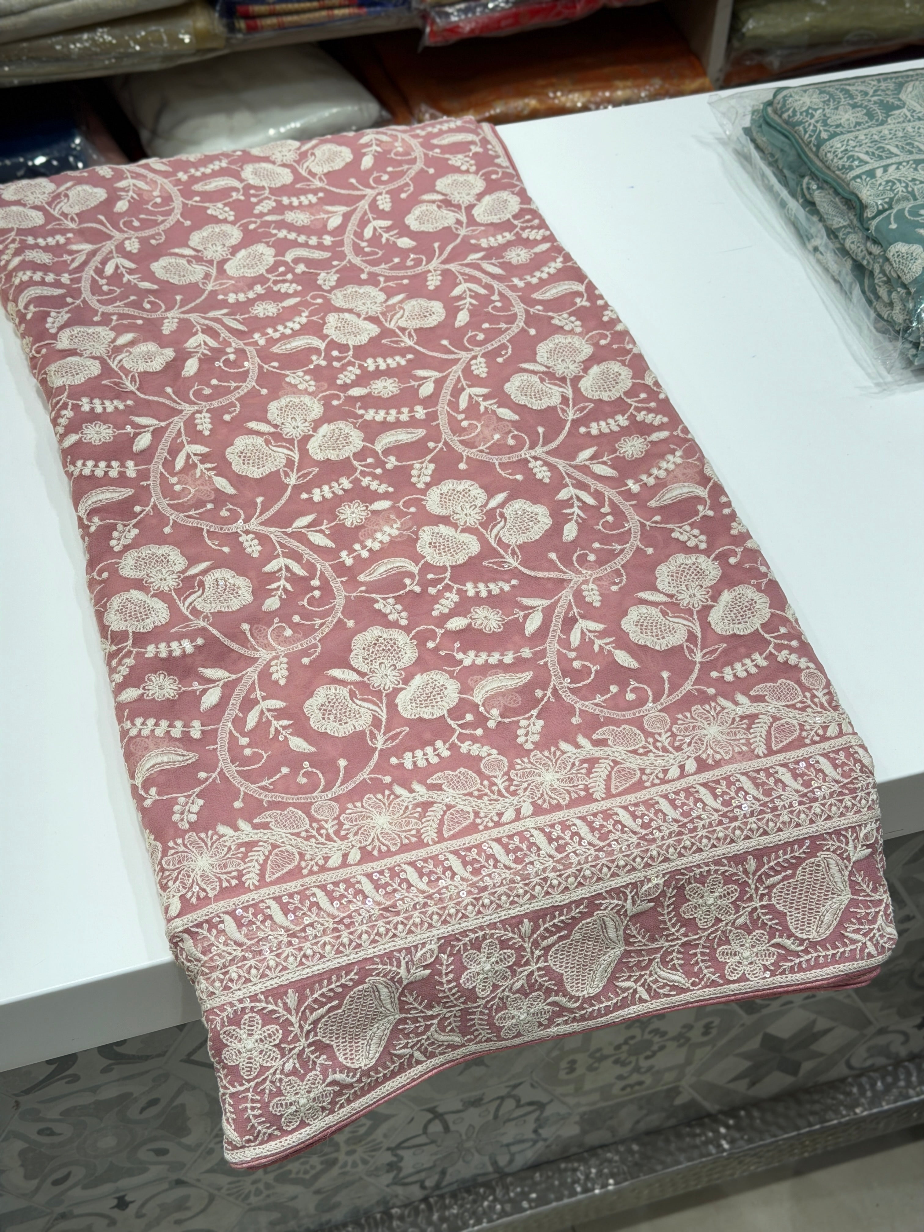 Pink Georgette Chikankari Resham Saree