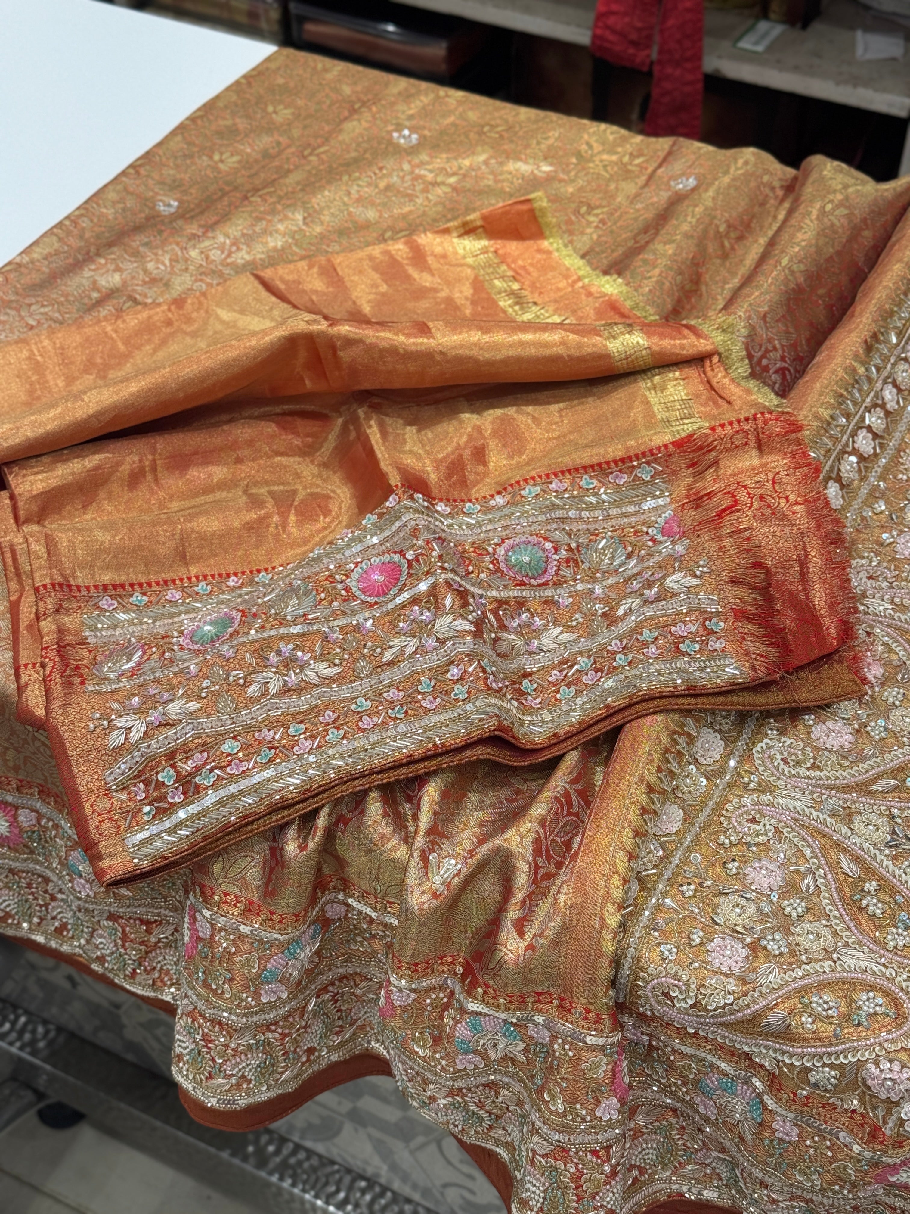 Red Tissue Kanjivaram Hand Embroidery Saree