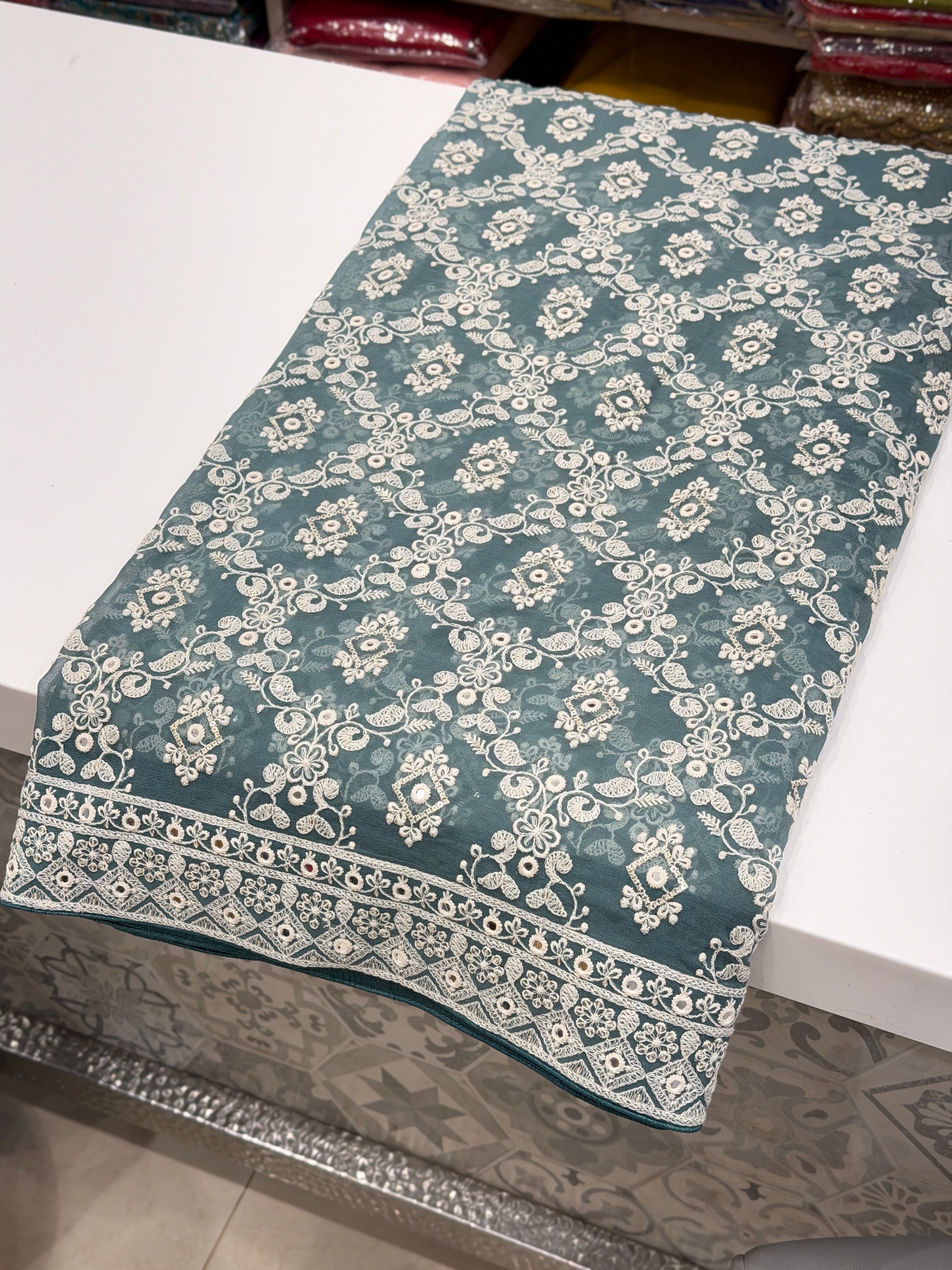 Mint Green Chikankari Jaal Georgette Resham Embroidery Saree