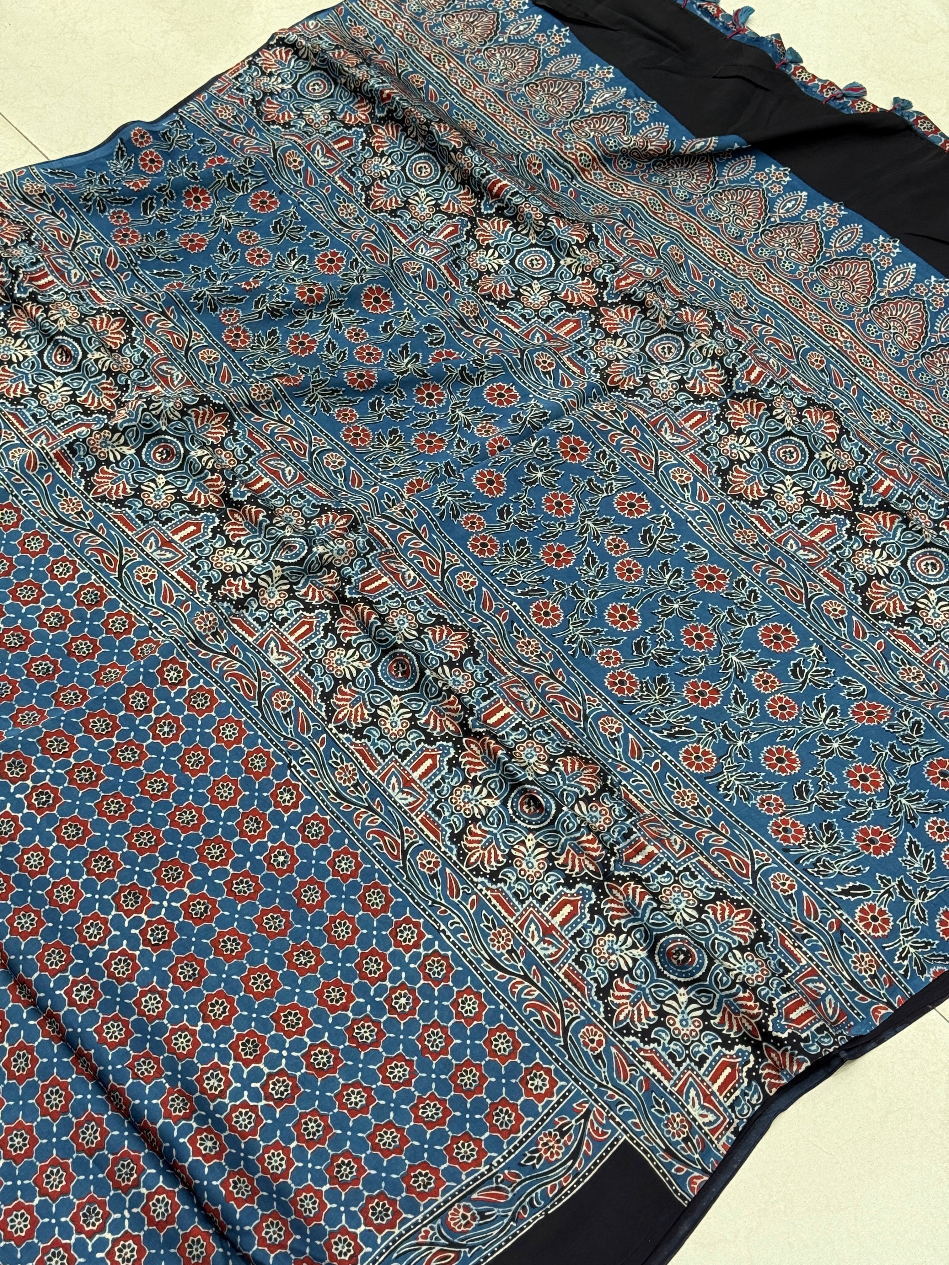 Blue Red Modal Gajji Silk Ajrakh Saree