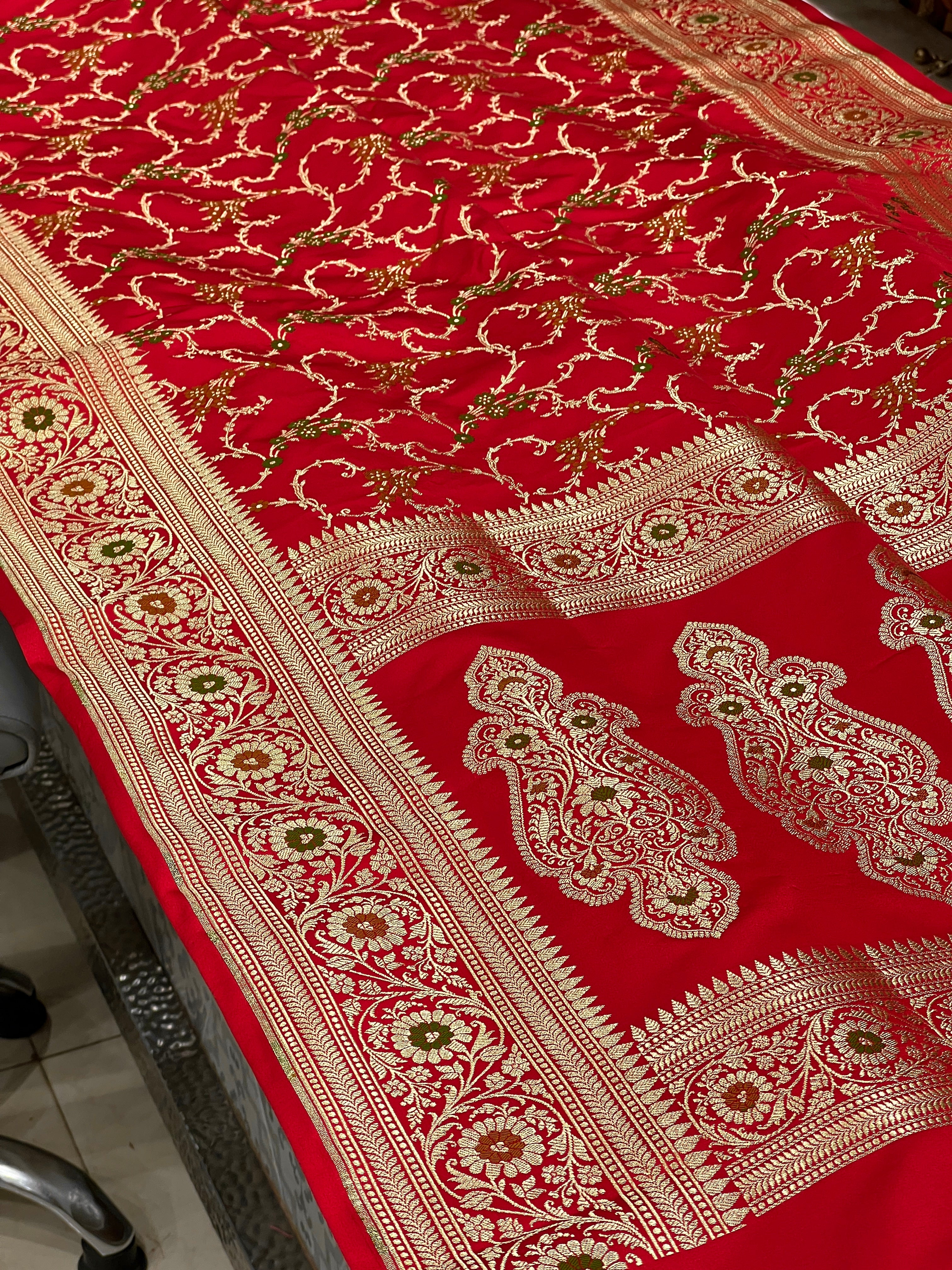 Red Banarasi Silk Jaal Meenakari Saree