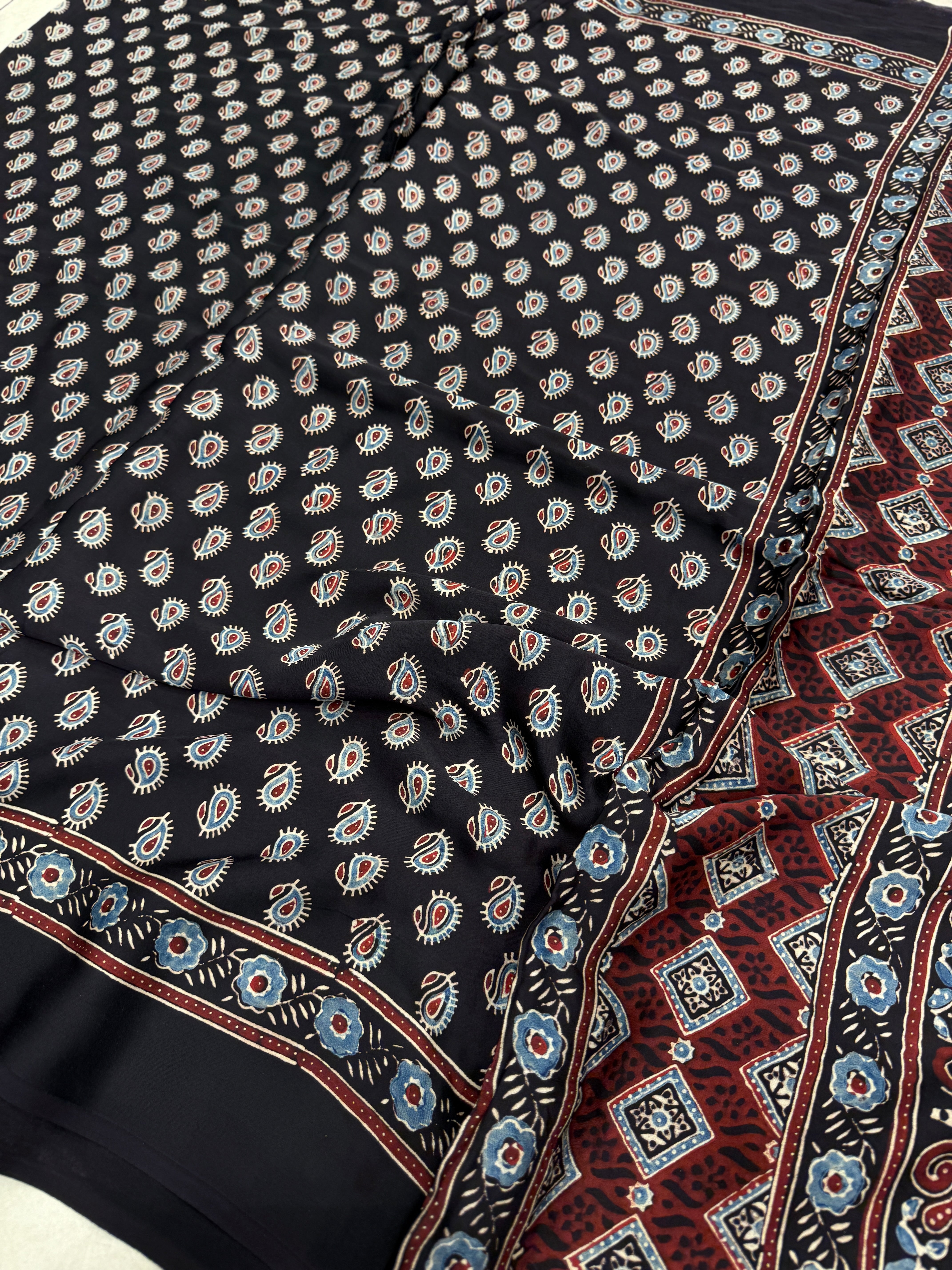 Black Keri Butti Ajrakh Modal Gajji Silk Saree