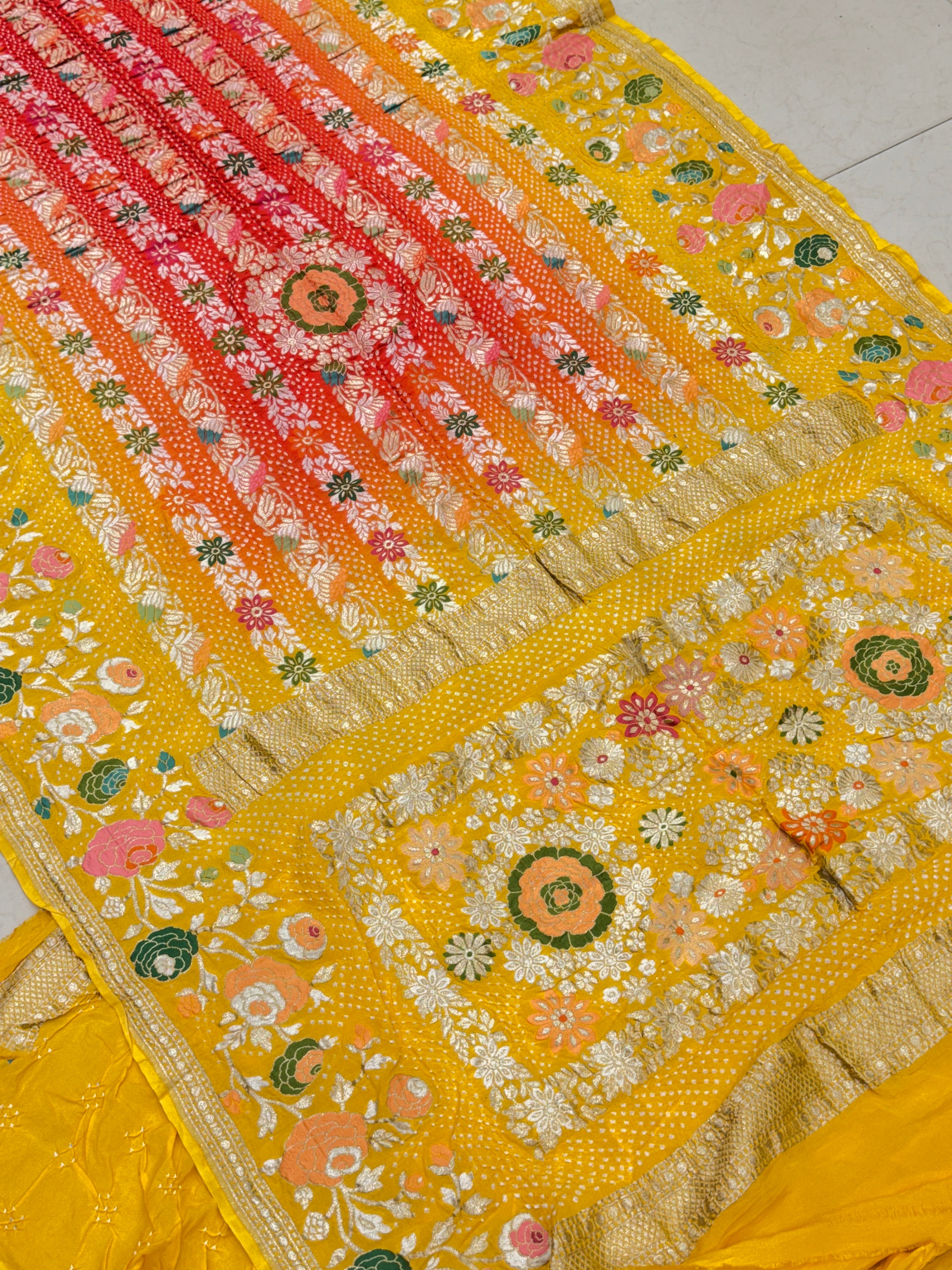 Yellow Red Shaded Floral Meenakari Rai Bandhej Georgette Bandhini Saree