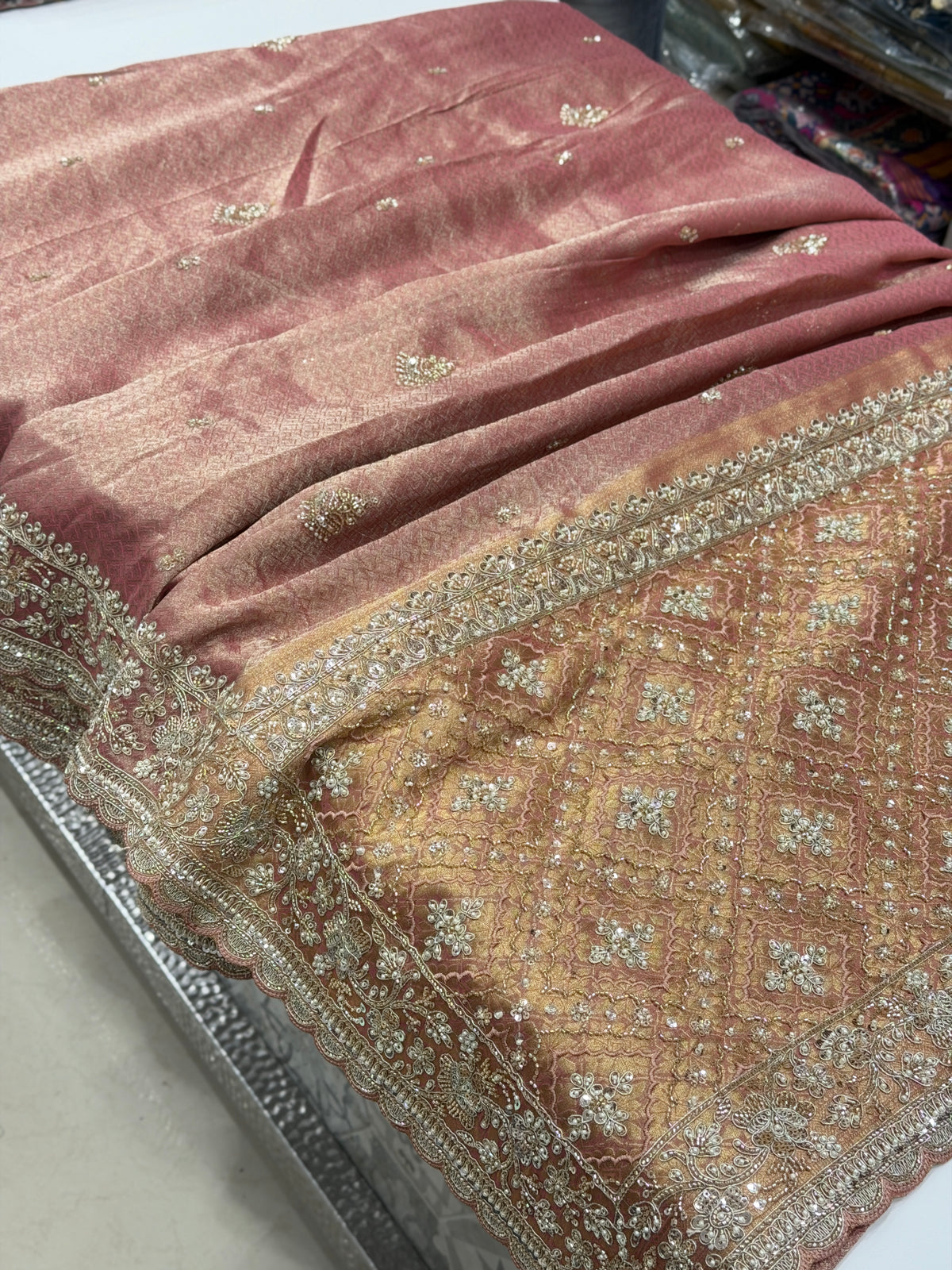 Light Pink Crepe Tissue Weaved Moti Cutana Embroidery Saree