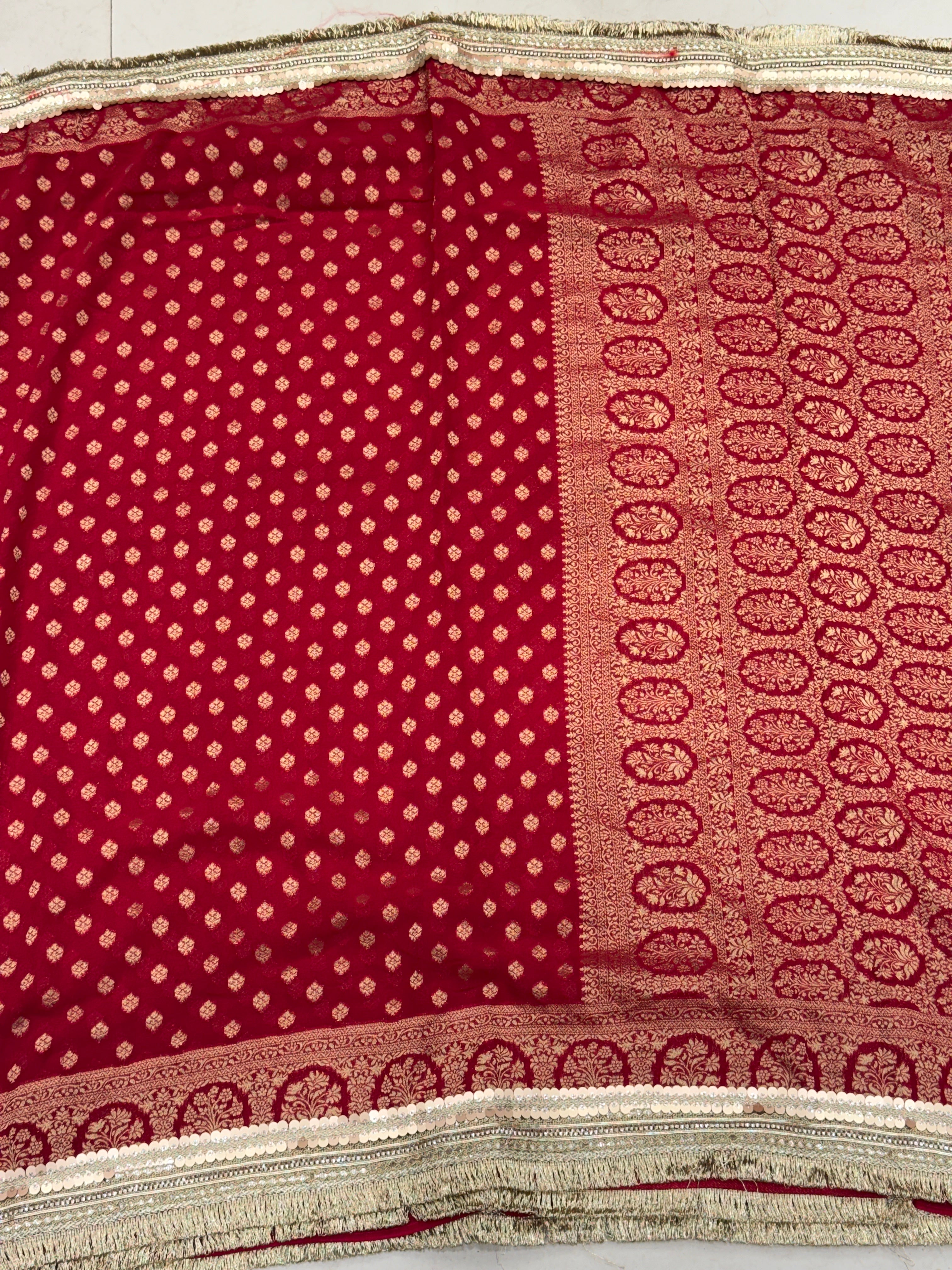 Red Banarasi Khaddi Georgette Buttis Maharani Lace Saree