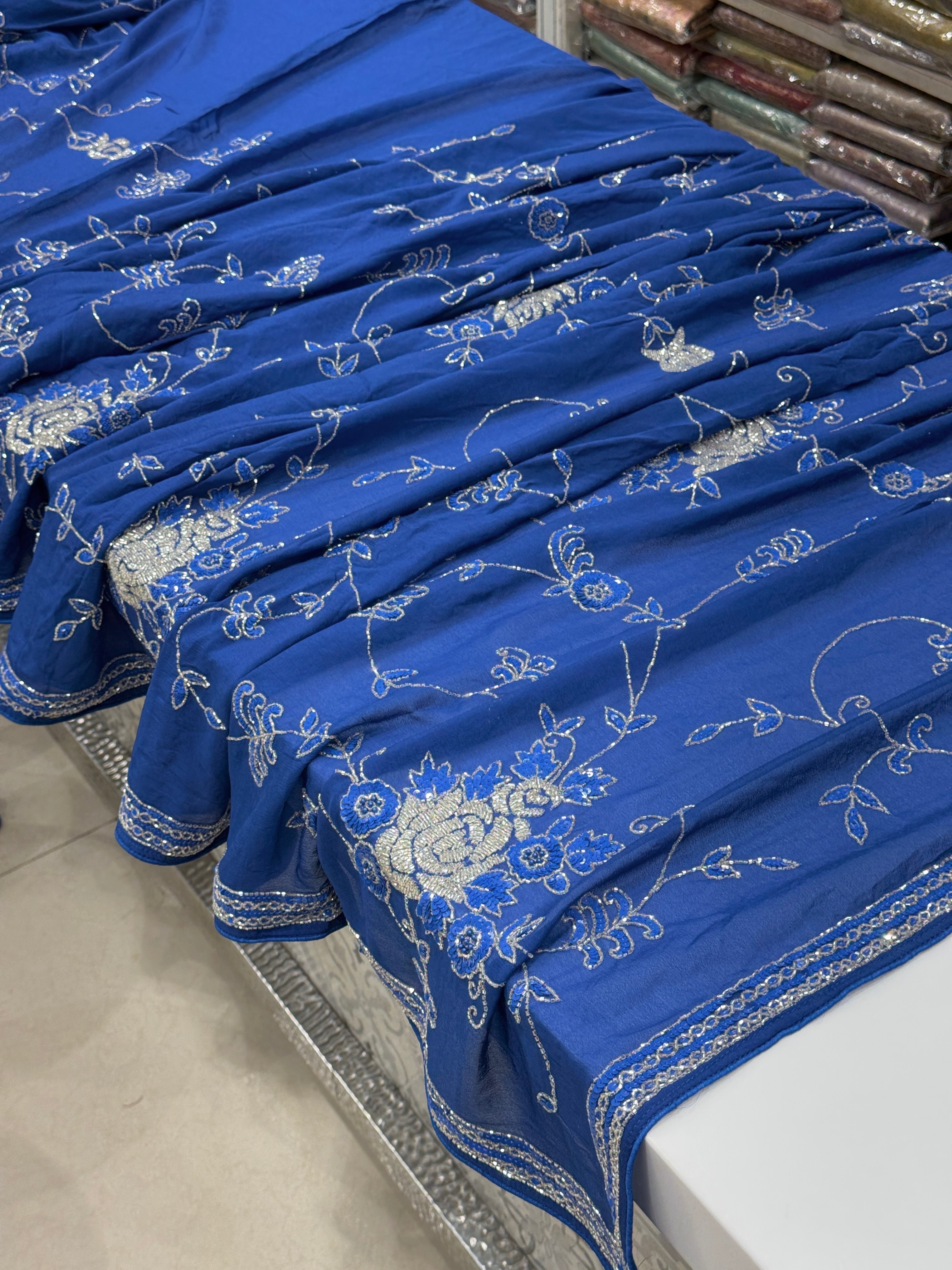Blue on Blue Georgette Hand Embroidery Jaal Saree