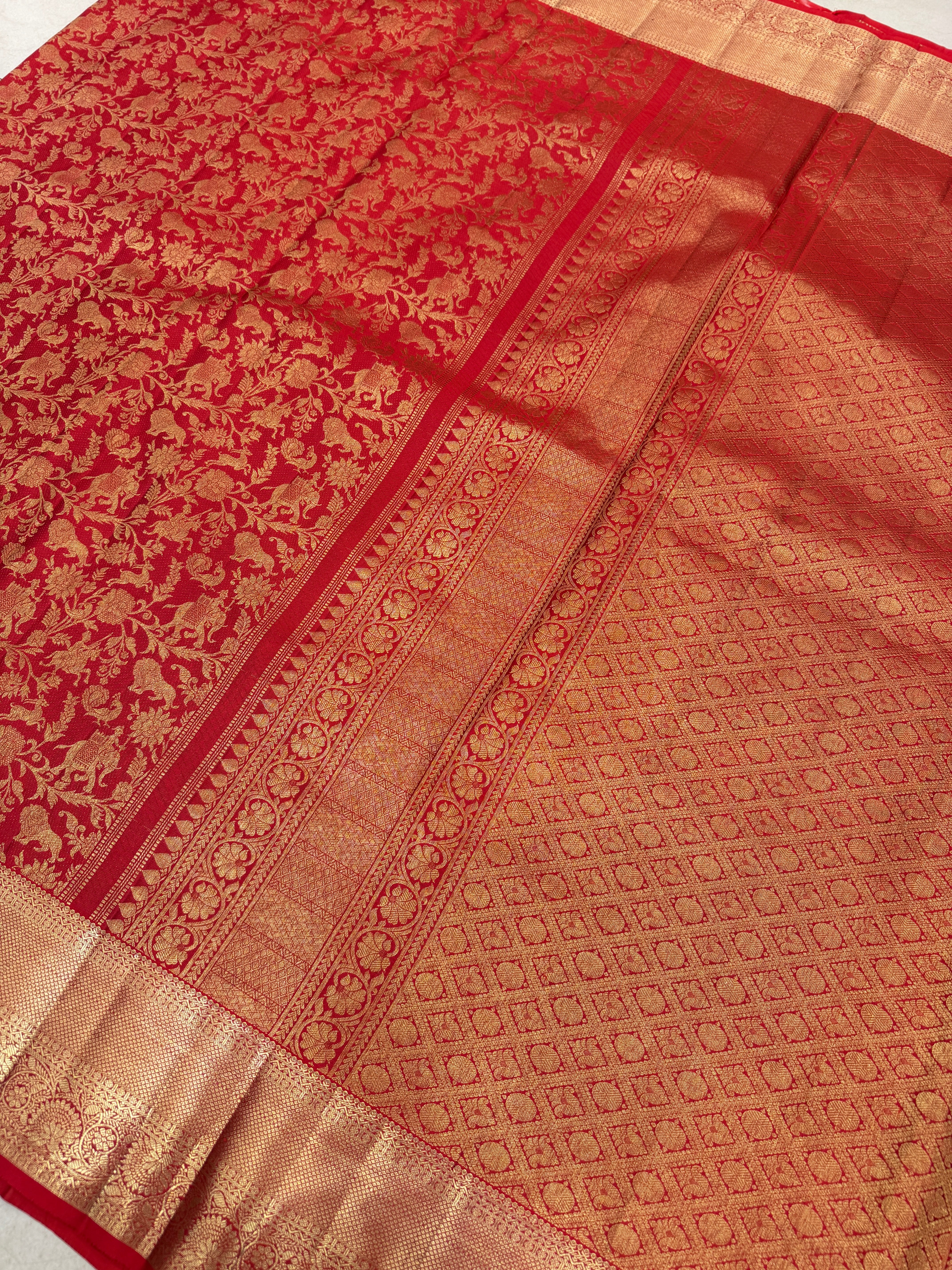 Red Shikargah Pure Silk Handloom Kanjivaram Saree