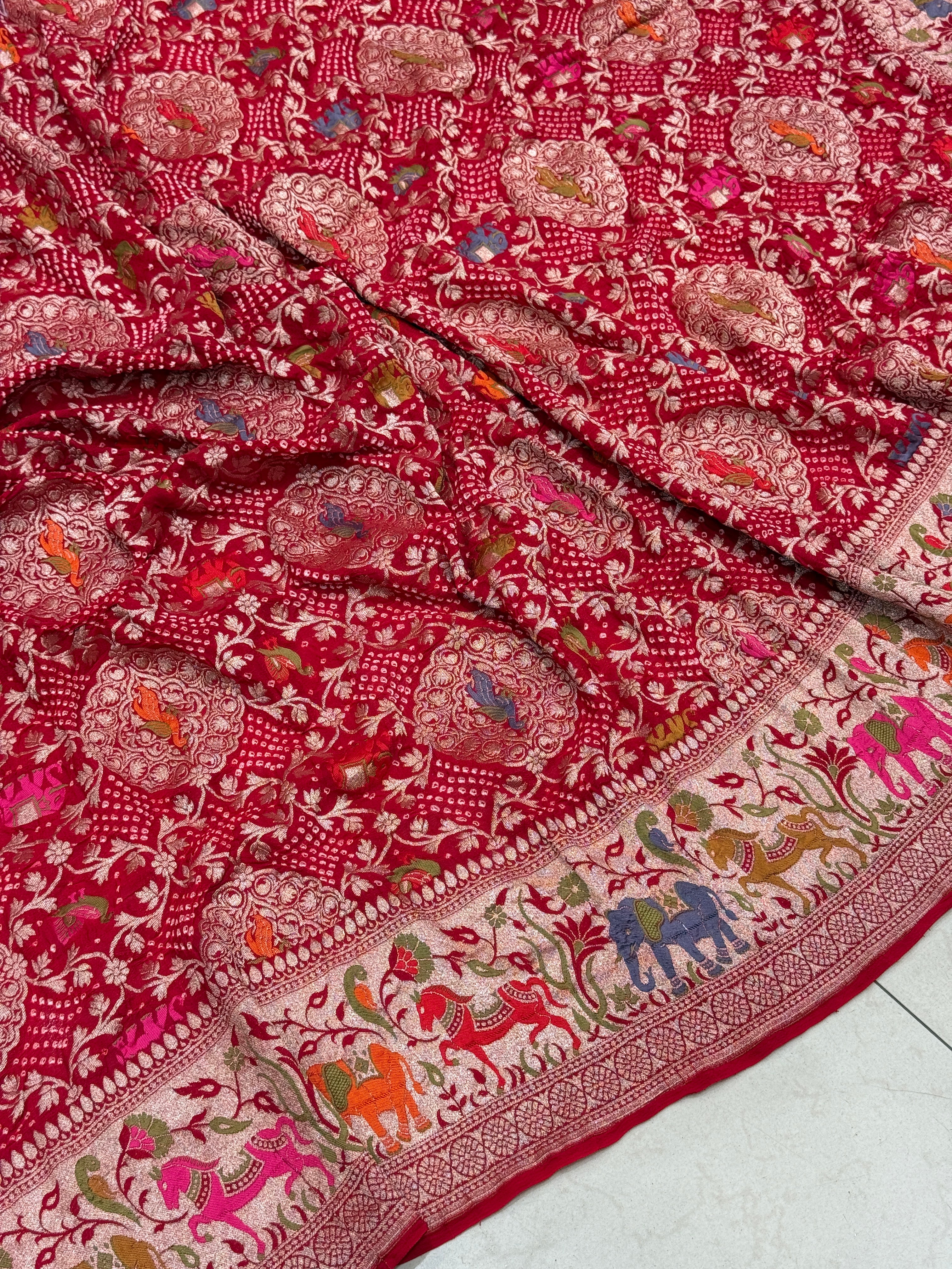 Red Shikargah Meenakari Rai Bandhej Georgette Dupatta