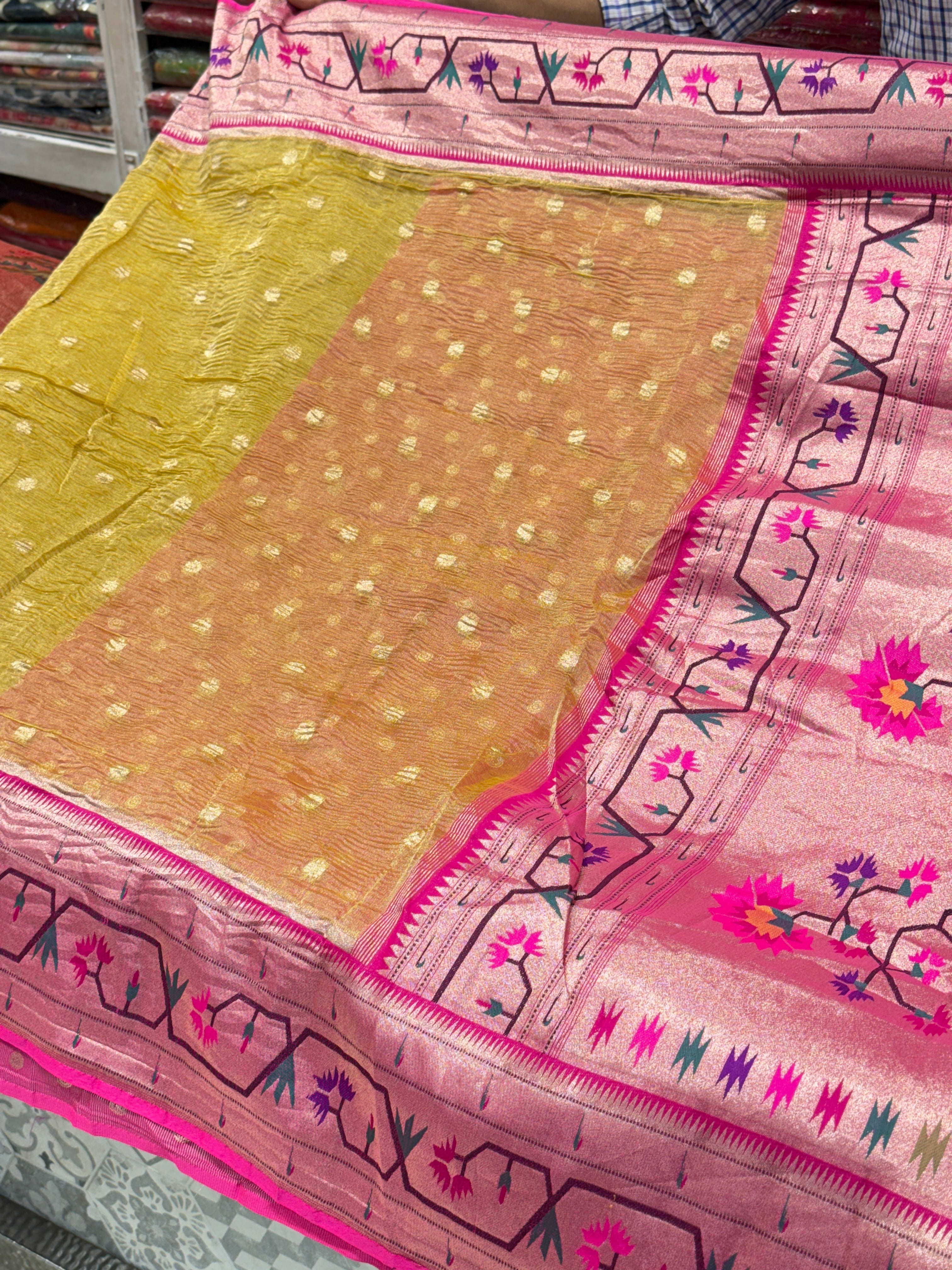 Yellow Crushed Tissue Paithani Saree