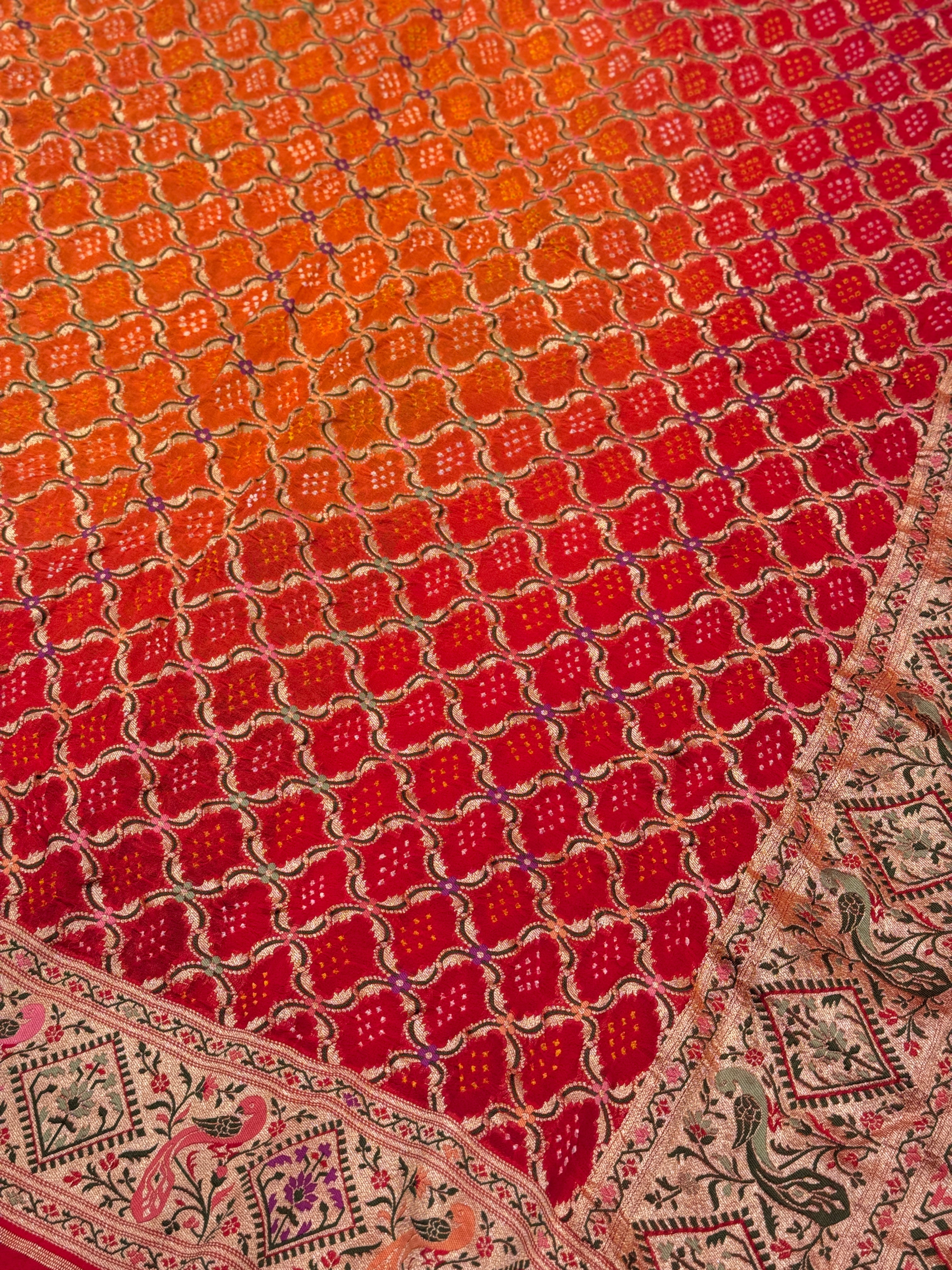 Shaded Orange Red Bandhej Meenakari Saree Rani Bandhej