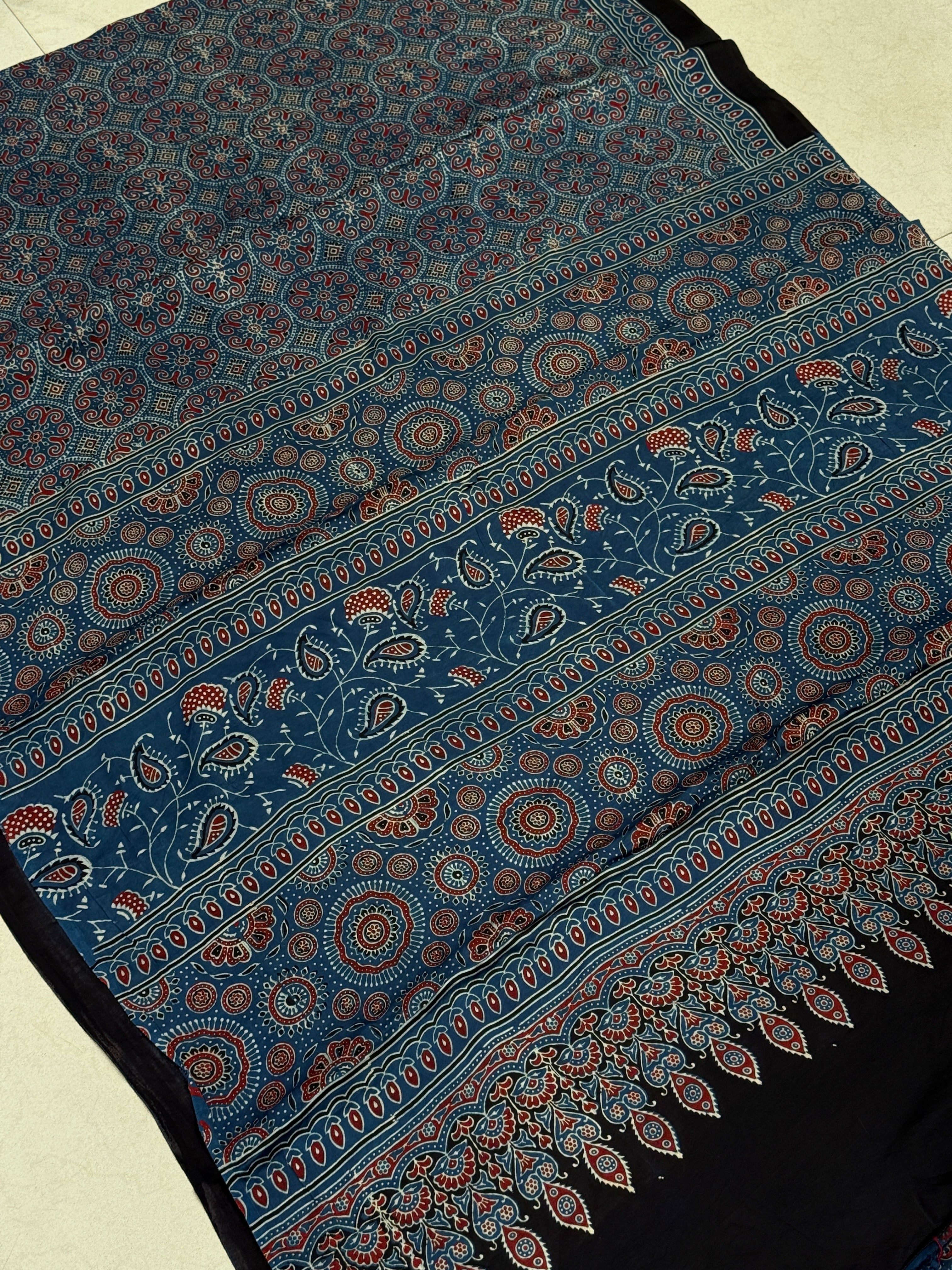 Blue Circle Badam Jaal Ajrakh Block Print Hand Pure Gajji Silk Saree