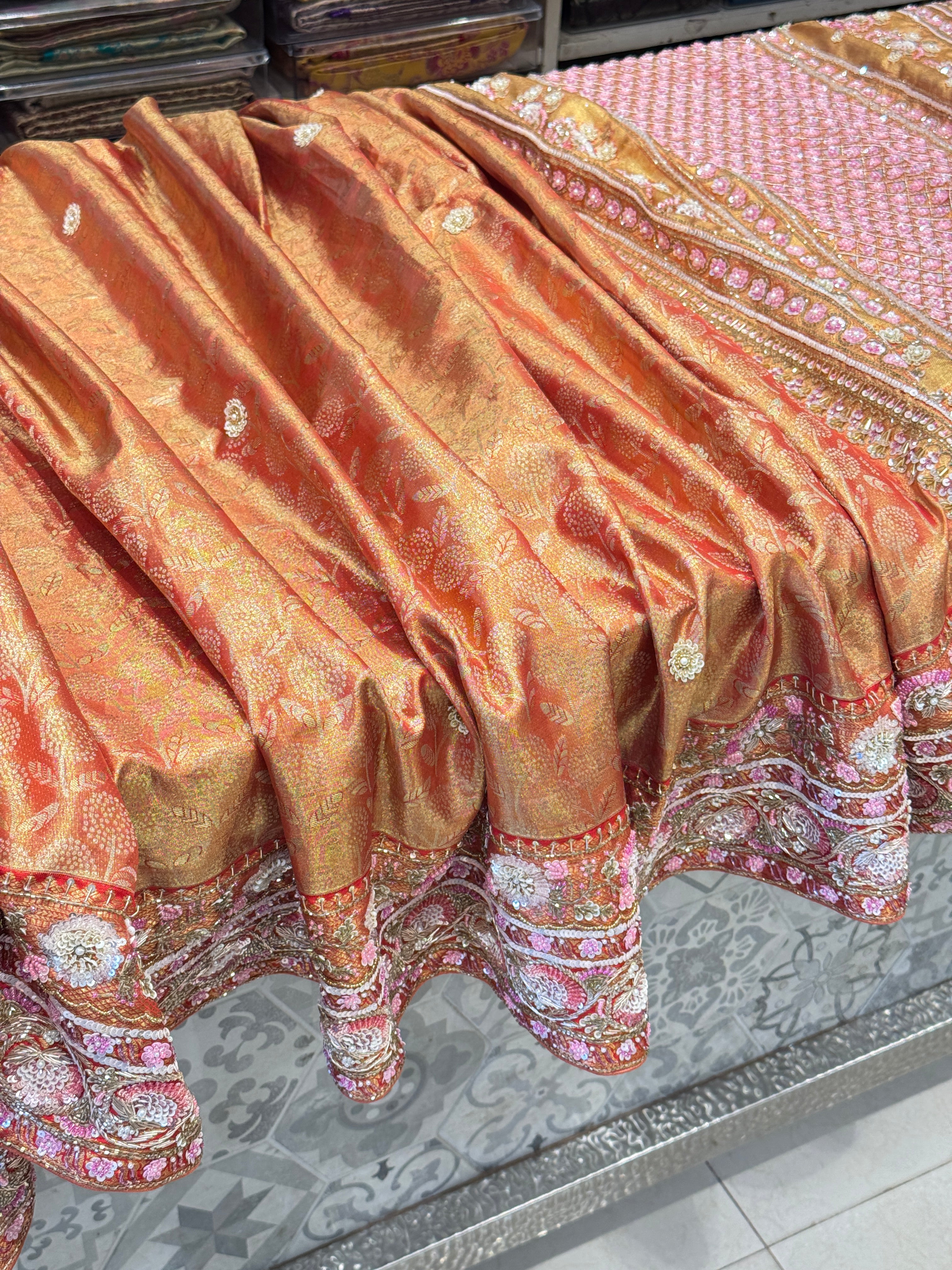 Red Golden Kanjivaram Moti Zardosi Hand Embroidery Saree