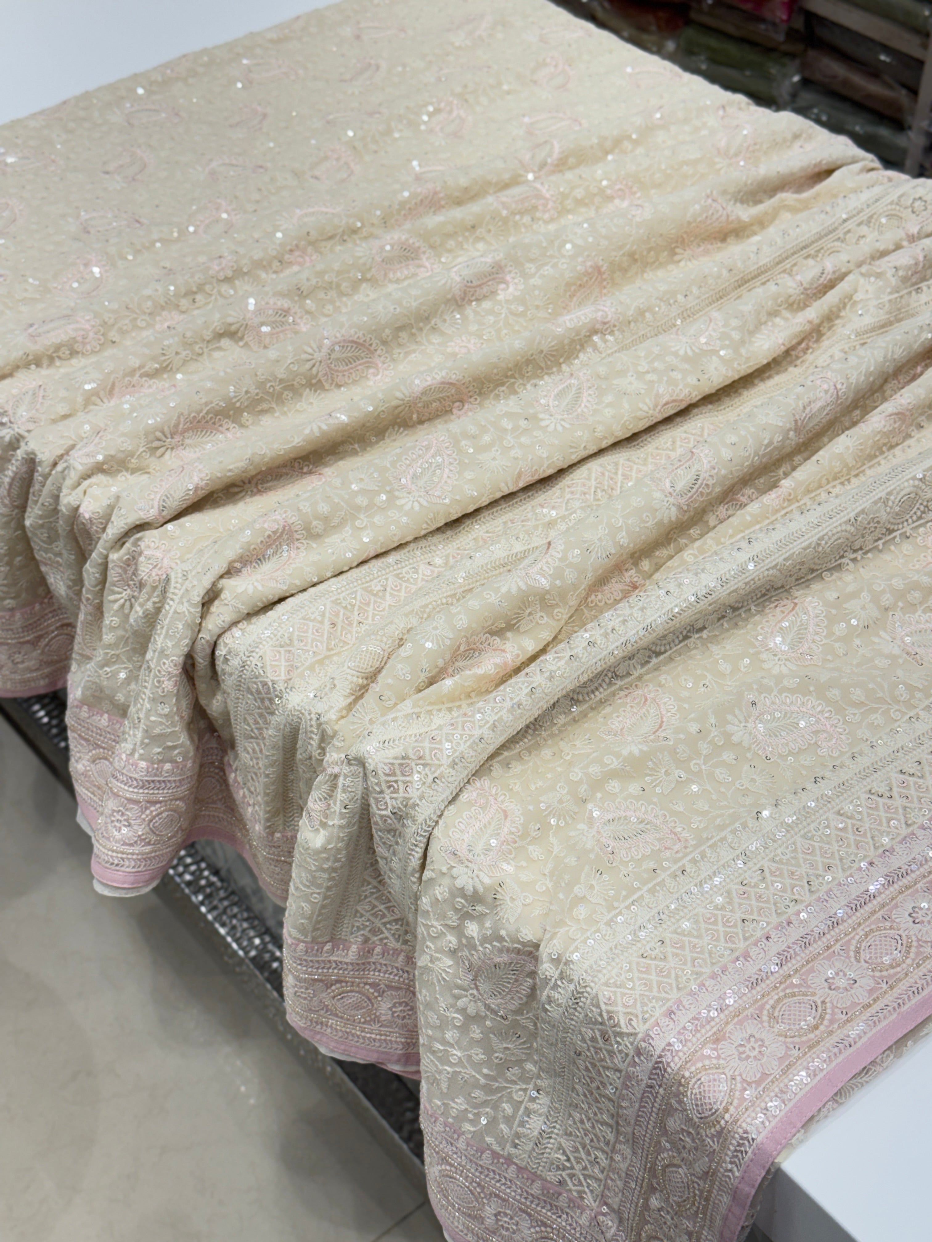 White Pink Chikankari Saree Floral Design with Moti Embroidery
