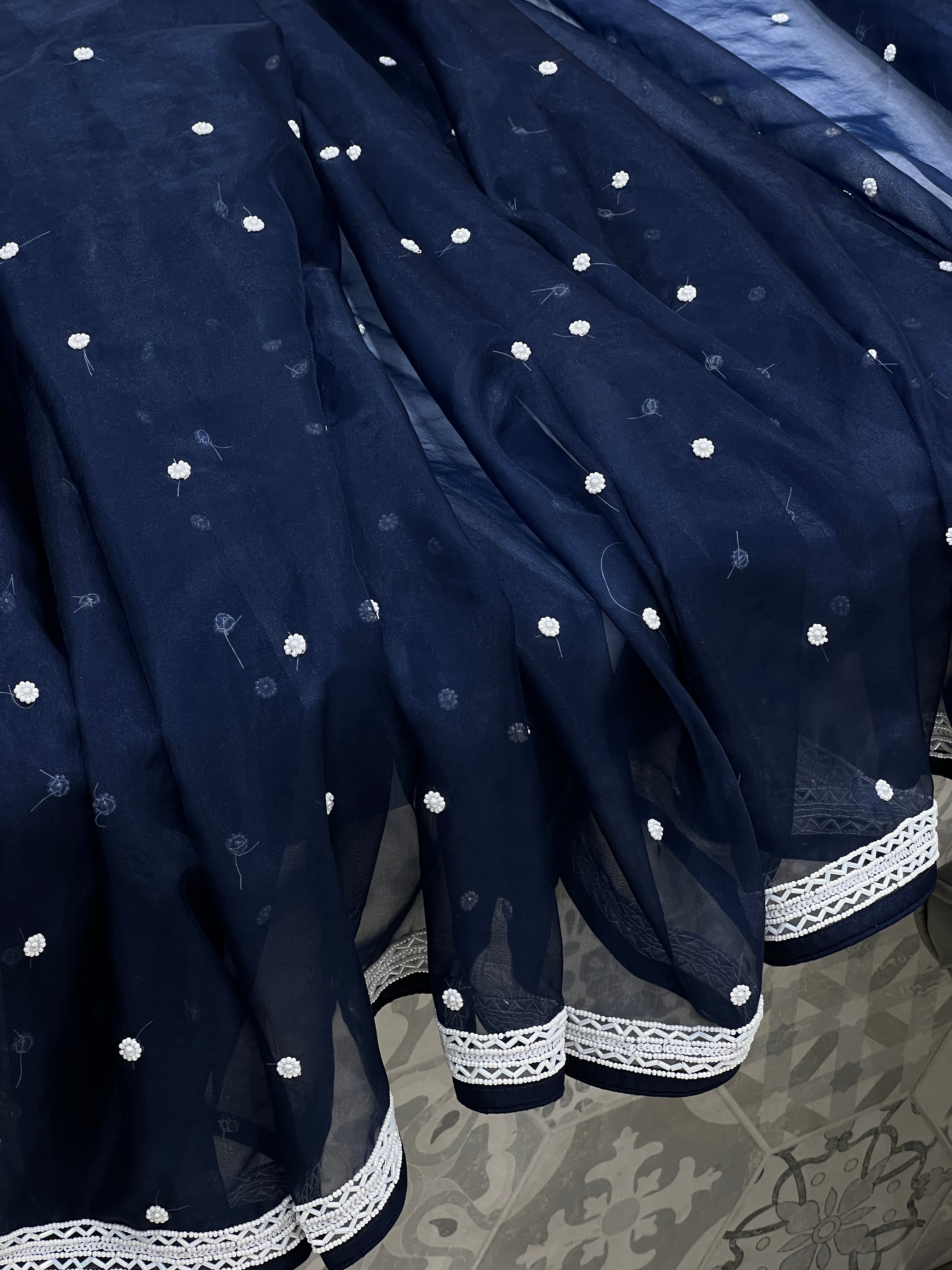 Navy Blue Organza Moti Embroidery