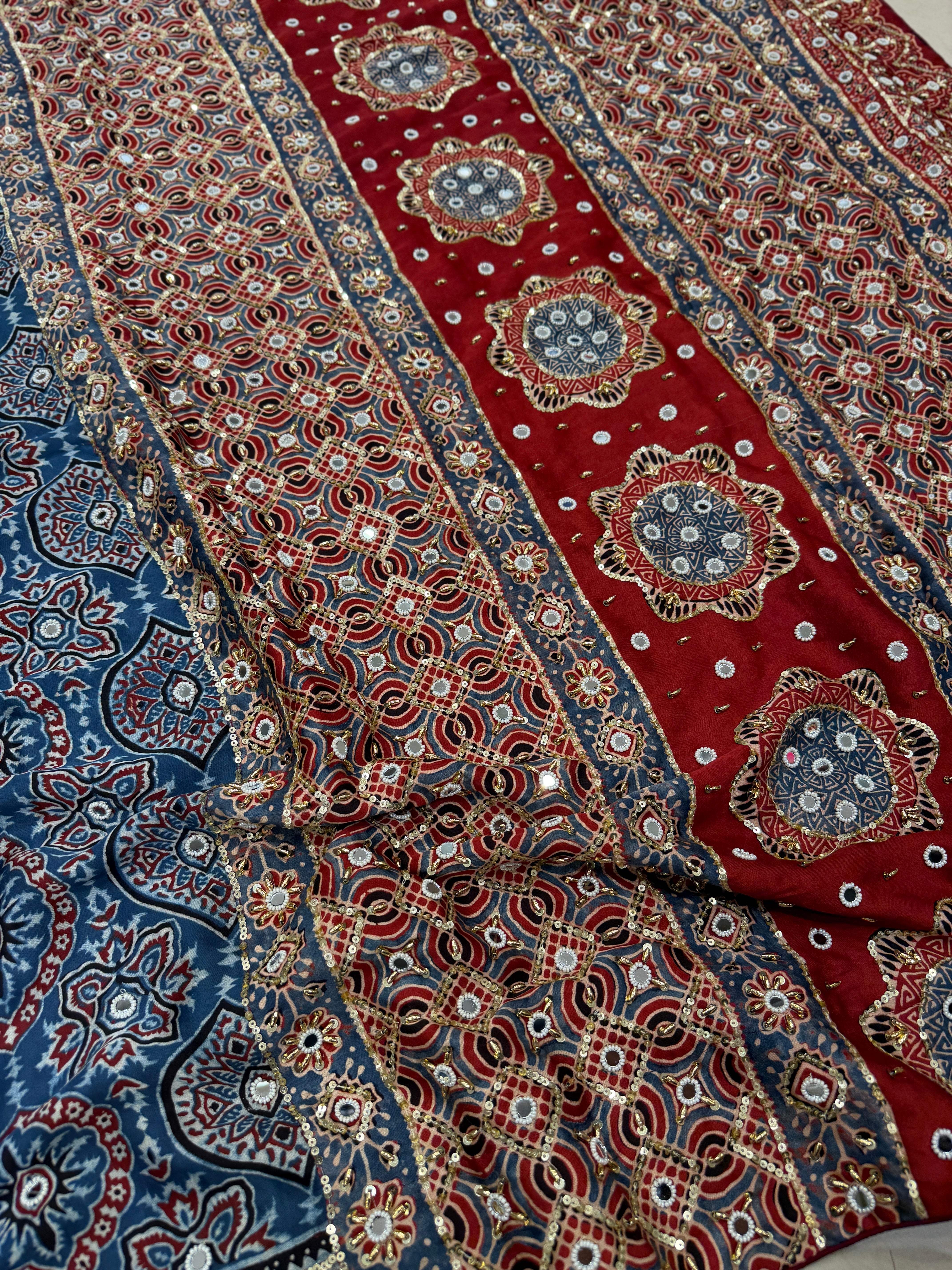 Blue Red Badam Buttis Ajrakh Real Mirror Moti Sequin Hand Embroidery Saree