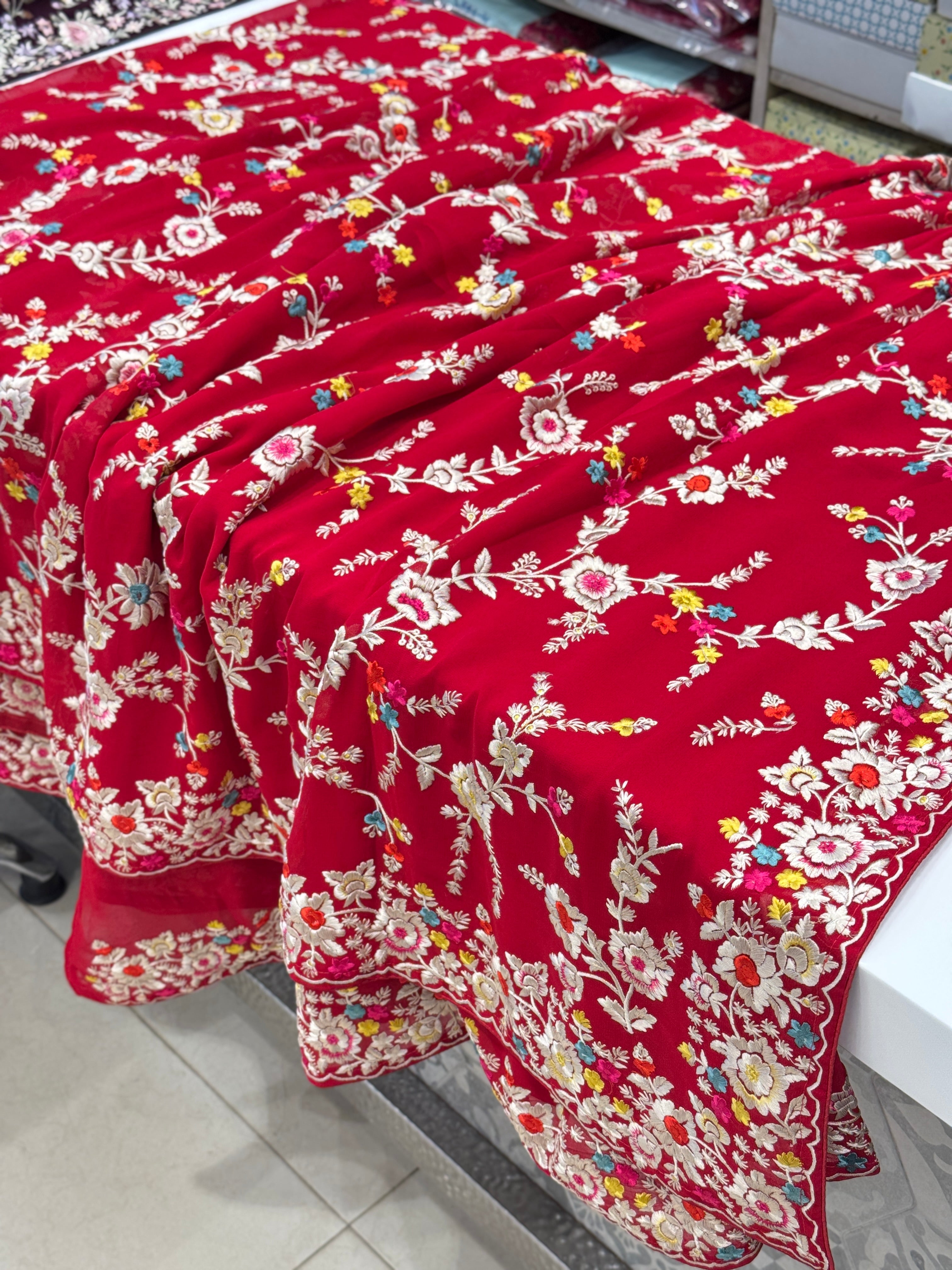 Red Georgette Floral Multi Colour Parsi Gara Saree