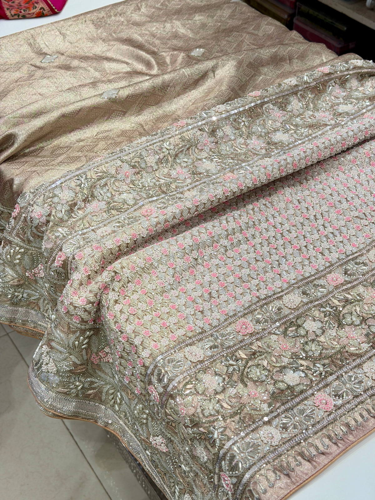 Nude Peachish Pink Silver Kanjivaram Three Zari Hand Embroidery Zardosi Moti Sequin Saree