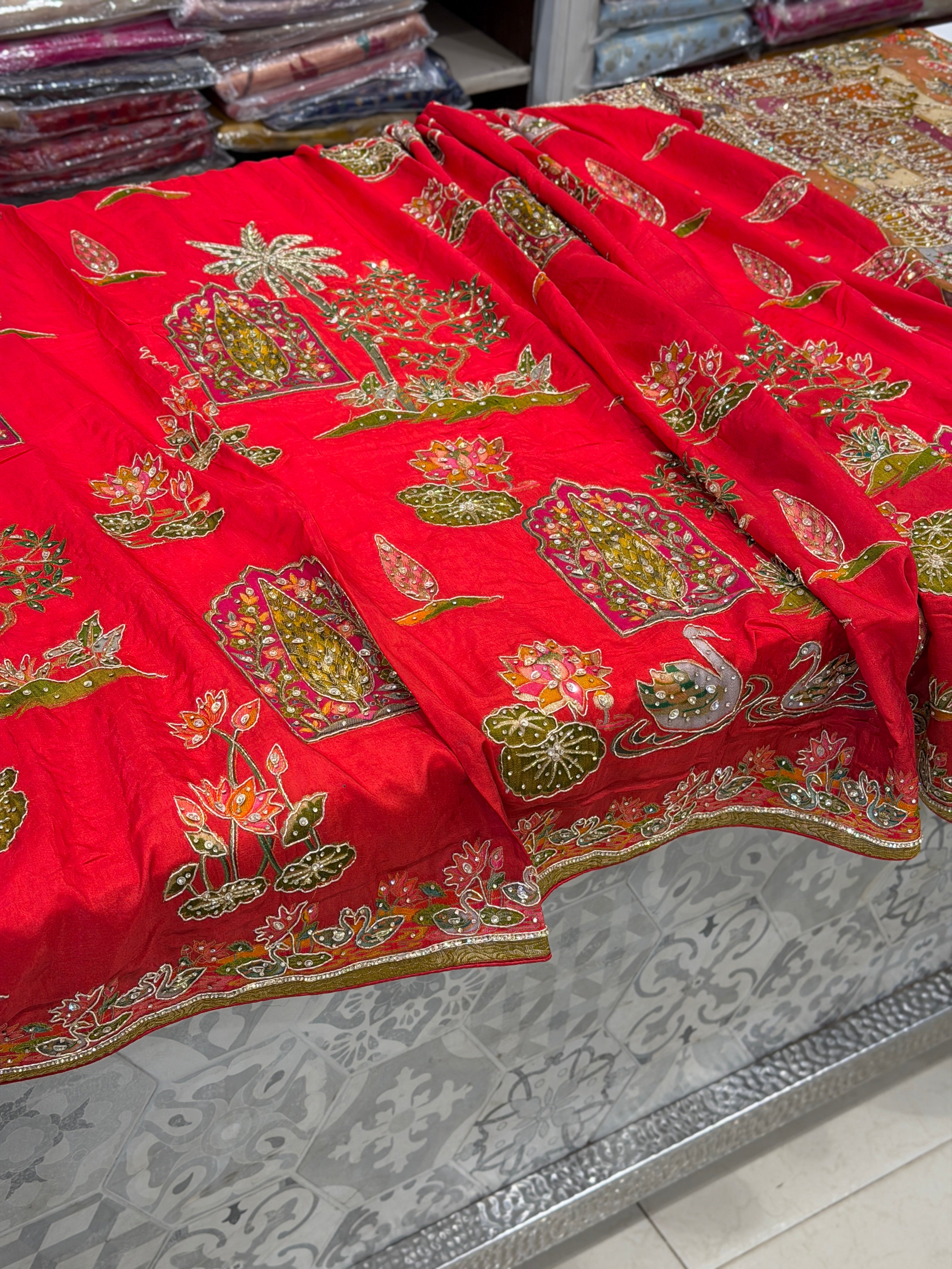 Red Pashmina Inspired Fauna Theme Hand Embroidery Banarasi Munga Saree