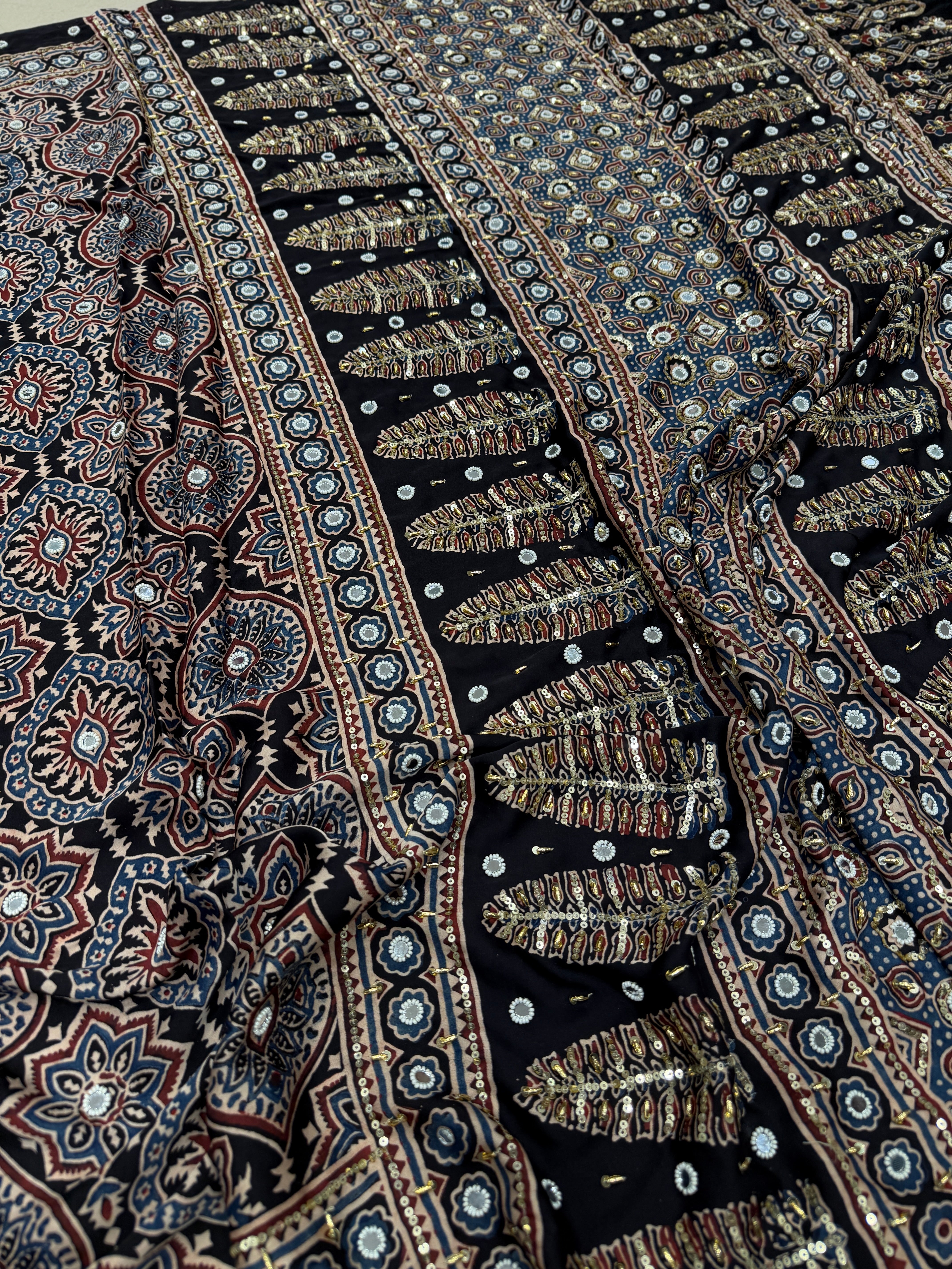 Black Badam Buttas Ajrakh Real Mirror Moti Sequin Hand Embroidery Saree