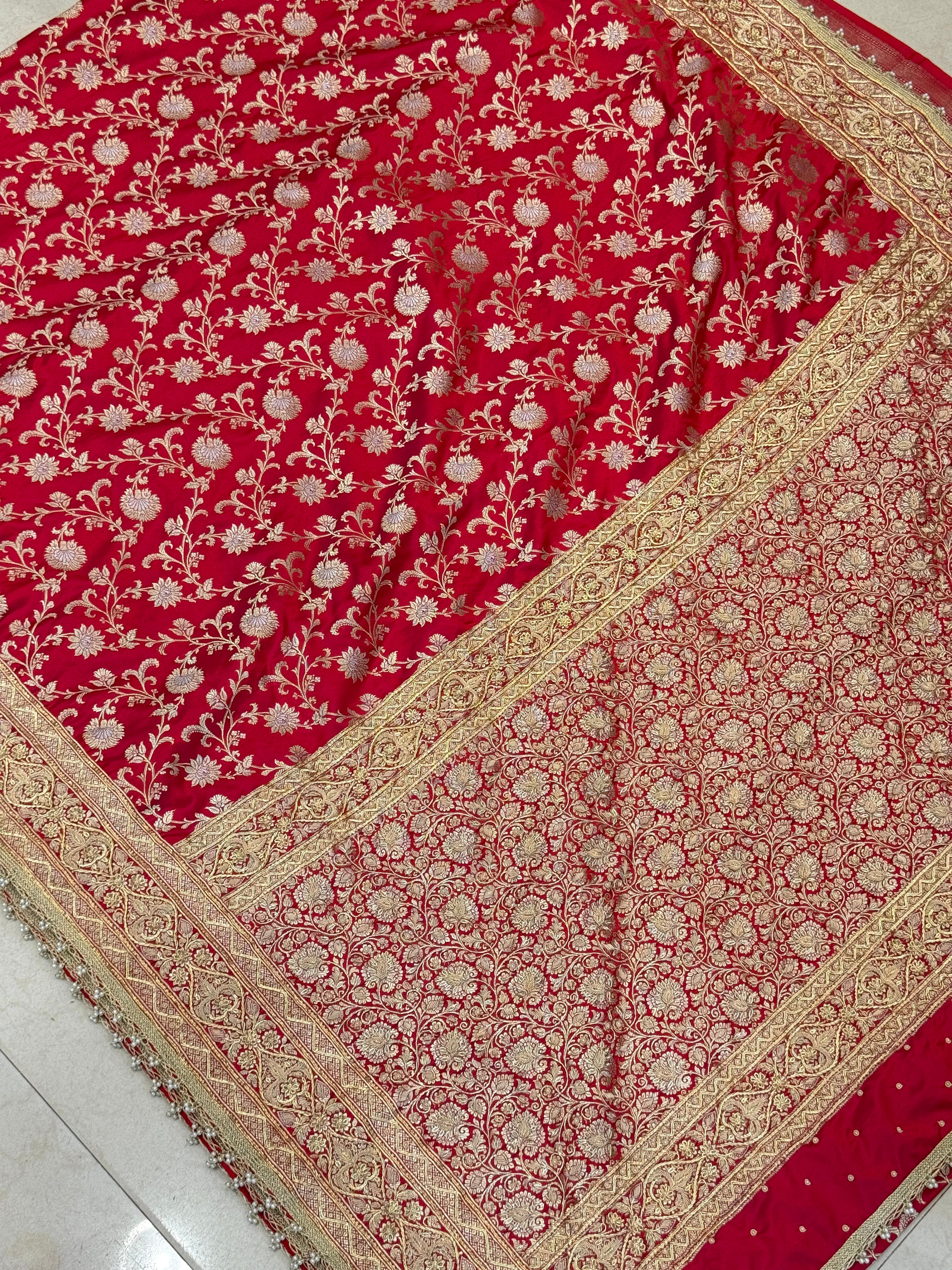 Red Banarasi Silk Small Jaal Zardosi Saree