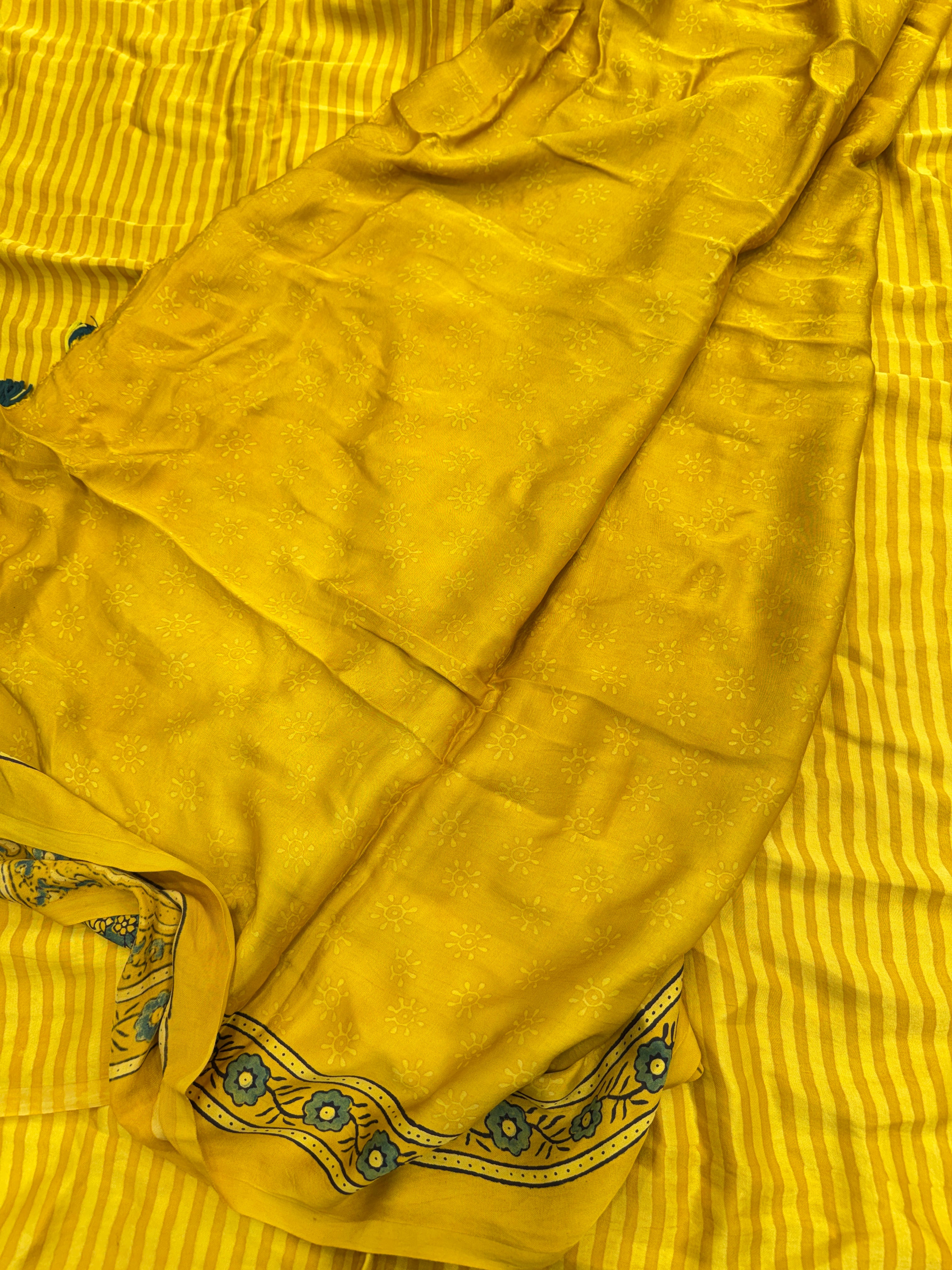 Yellow Contemporary Ajrakh Hand Block Print Pure Gajji Silk Saree