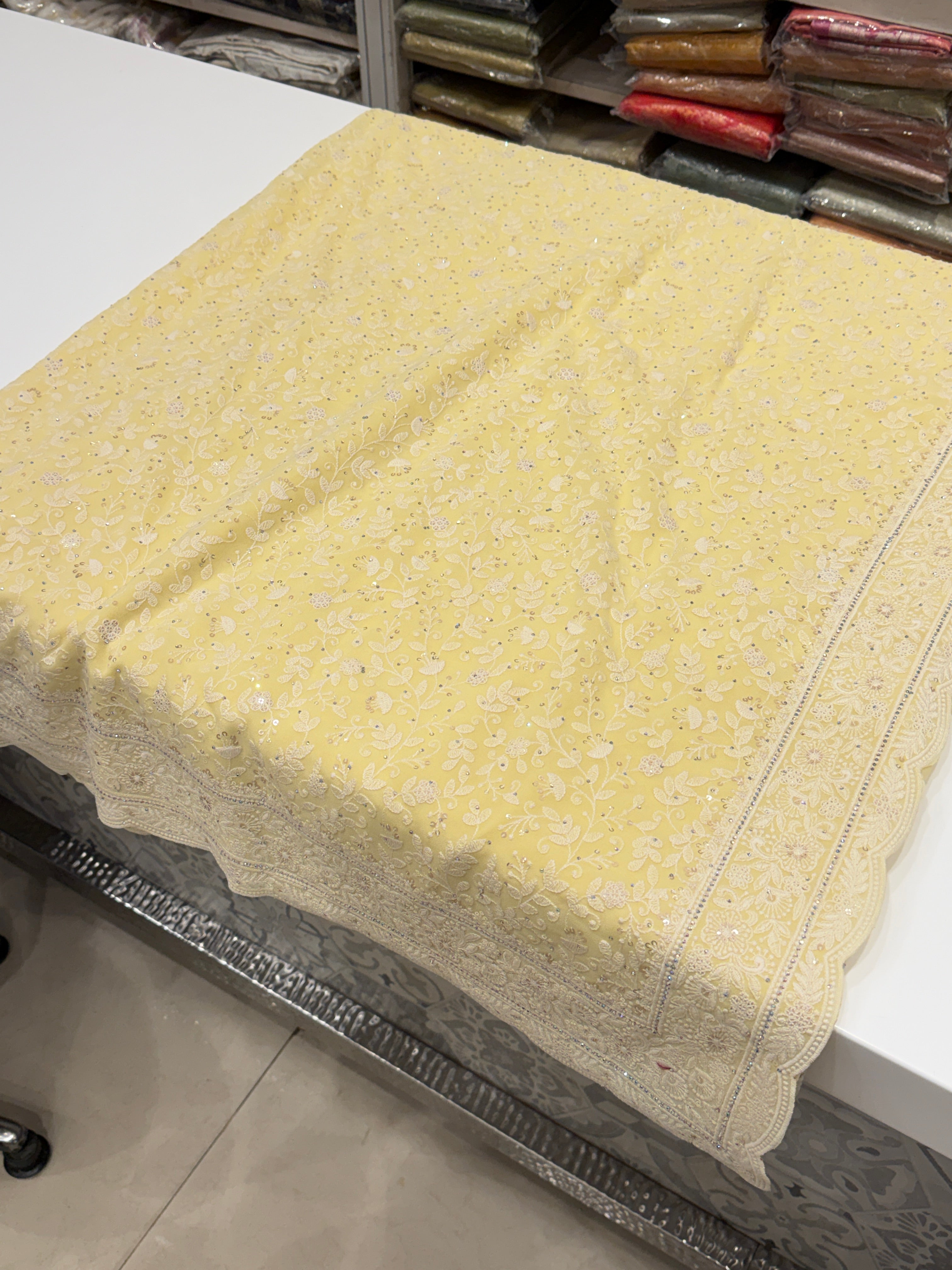 Yellow Chikankari Scallop Saree Floral Design