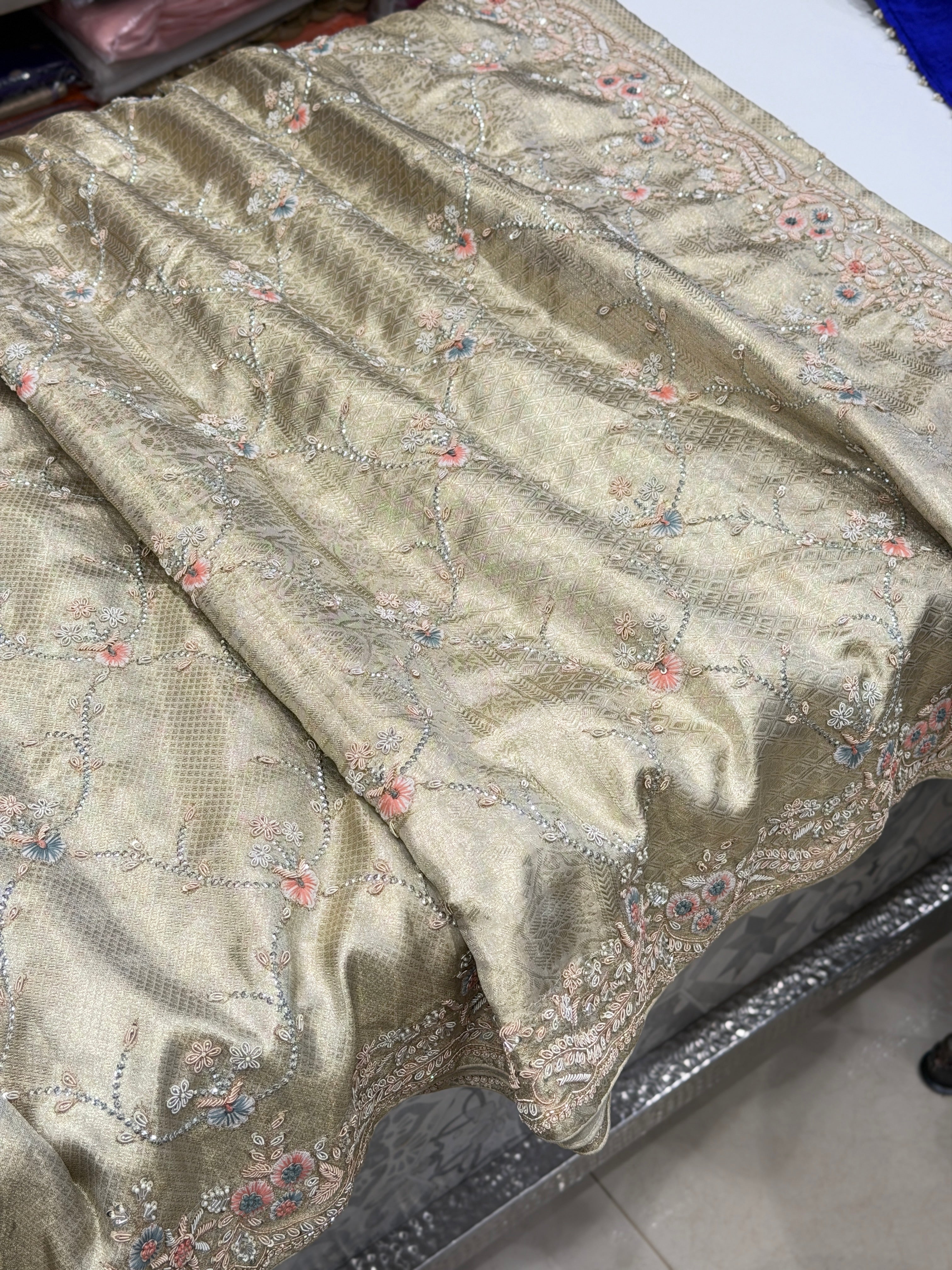 Light Water Gold Tissue Kanjivaram Knot Zardosi Hand Embroidery Saree