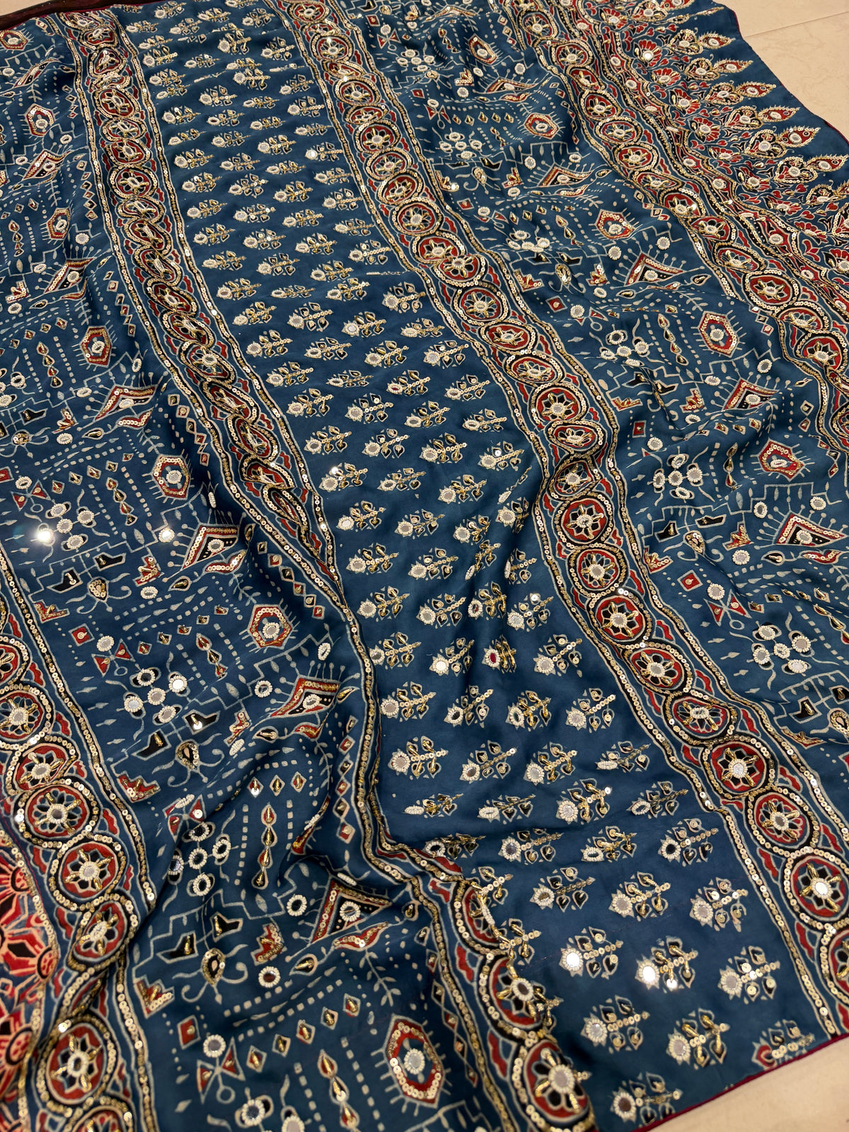 Red Blue Jaal Ajrakh Real Mirror Moti Sequin Hand Embroidery Saree