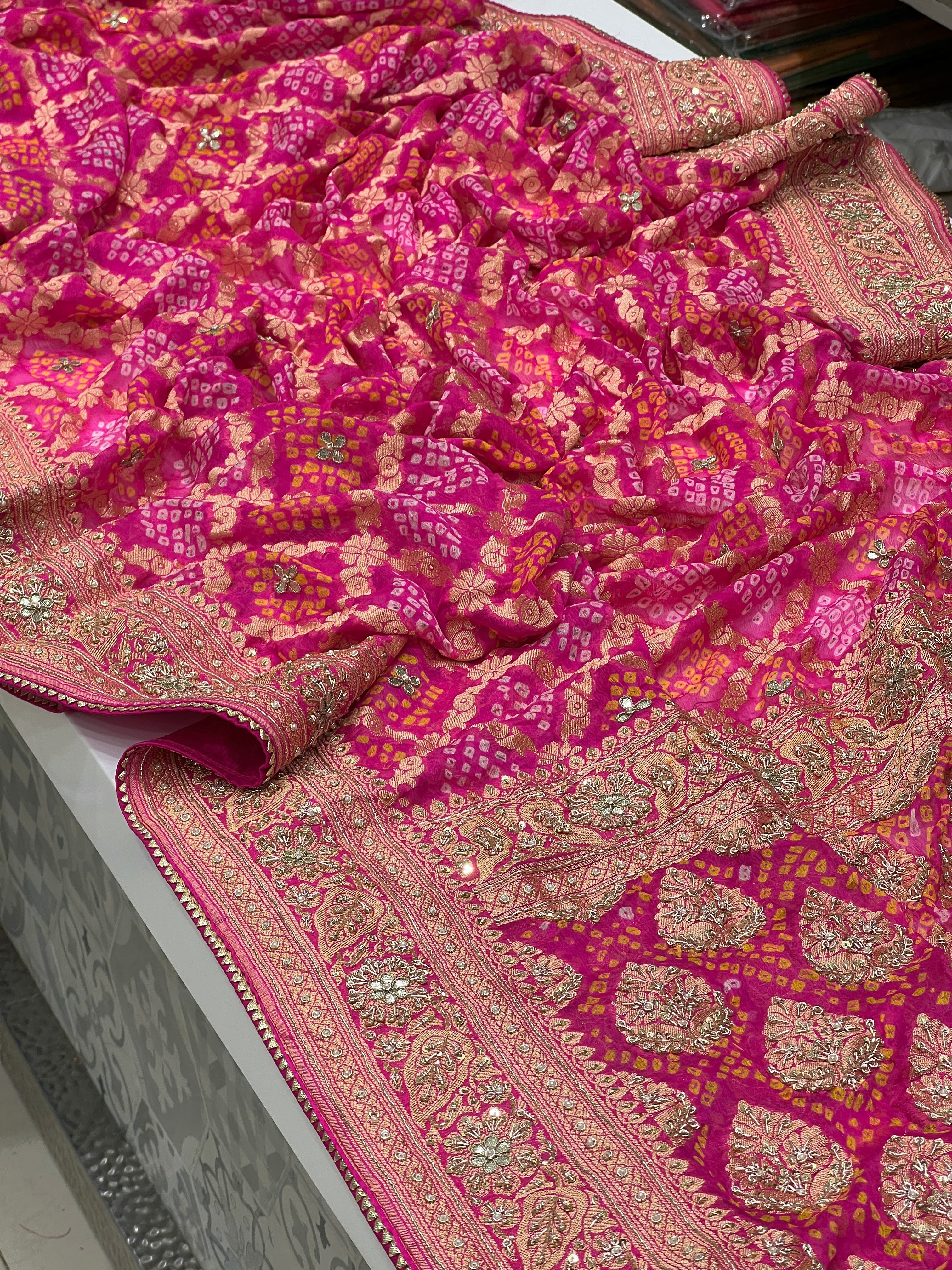 Pink Bandhej Intricate Hand Done Zardosi Saree