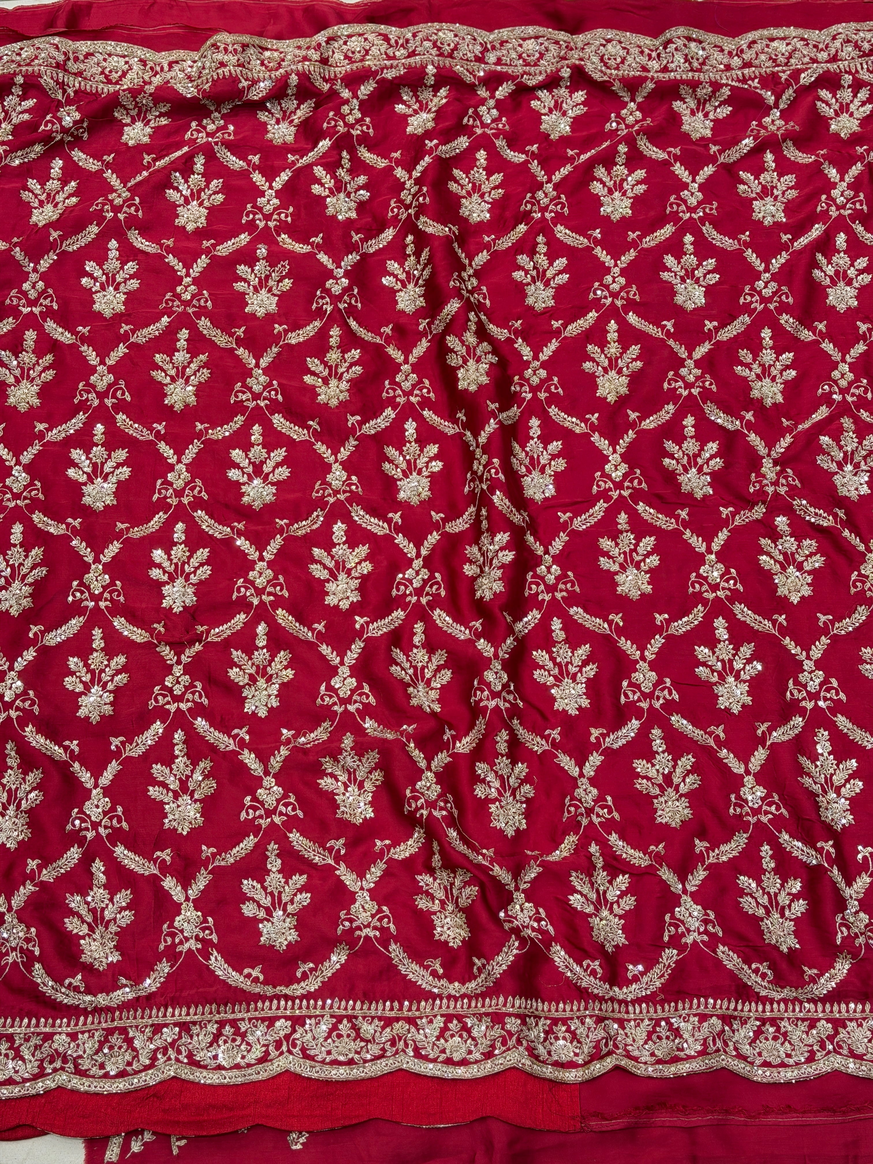 Red Pure Satin Silk Crown Jaal Zardosi Hand Embroidery Jaal Saree