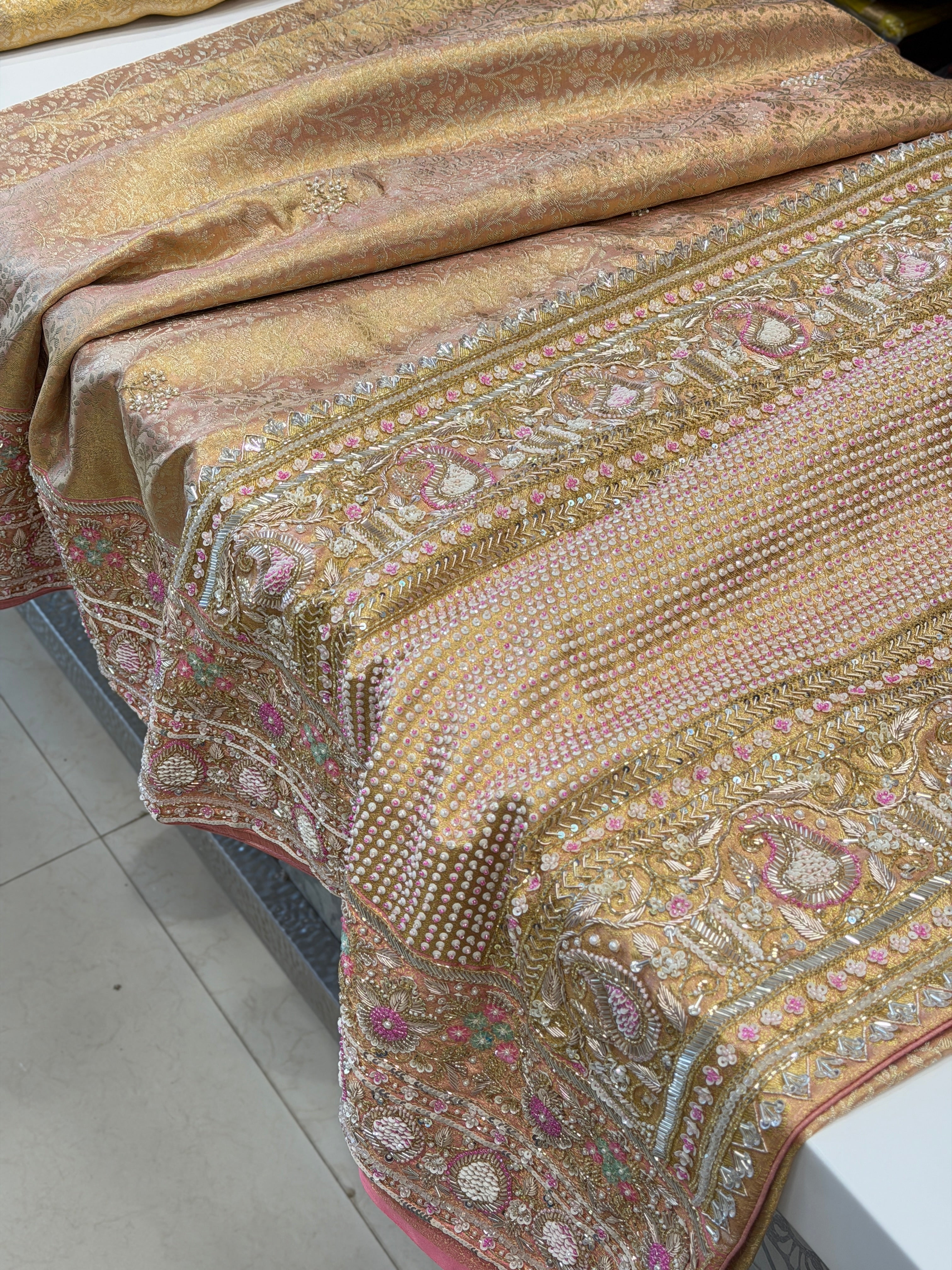 Golden Kanjivaram Moti Zardosi Hand Embroidery Saree