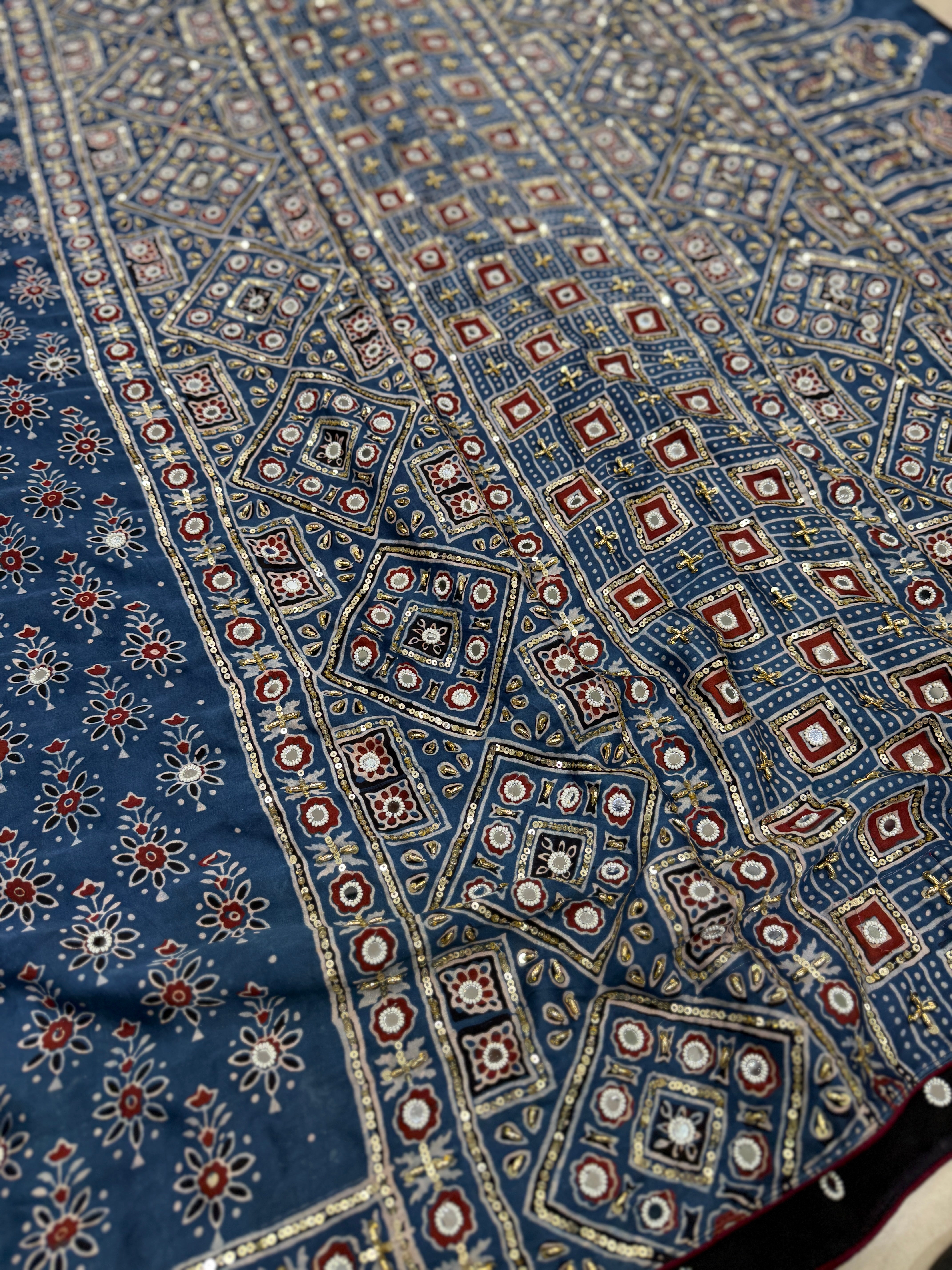 Blue Buttis Ajrakh Real Mirror Moti Sequin Hand Embroidery Saree