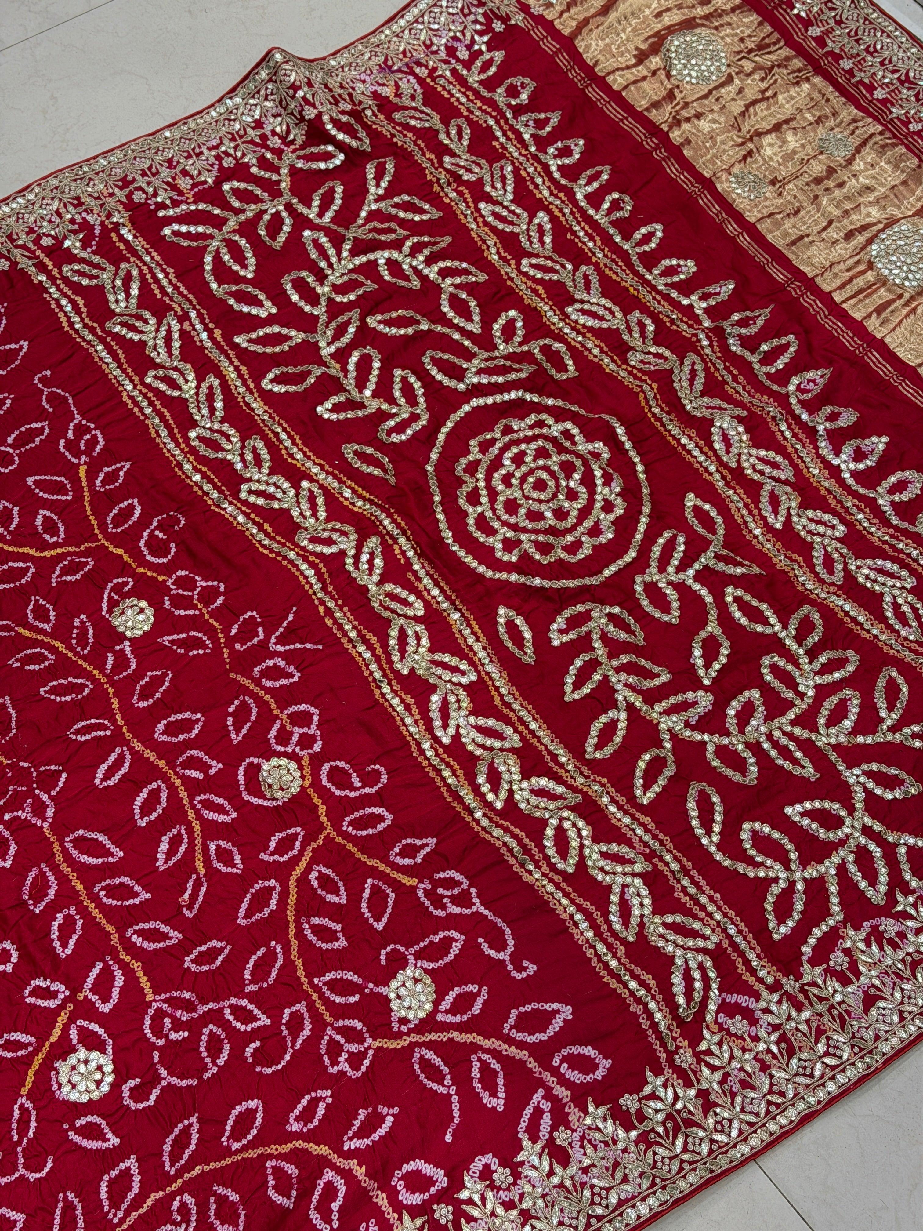 Red Gajji Silk Bandhej Hand Embroidery Gotapatti Marodi Saree