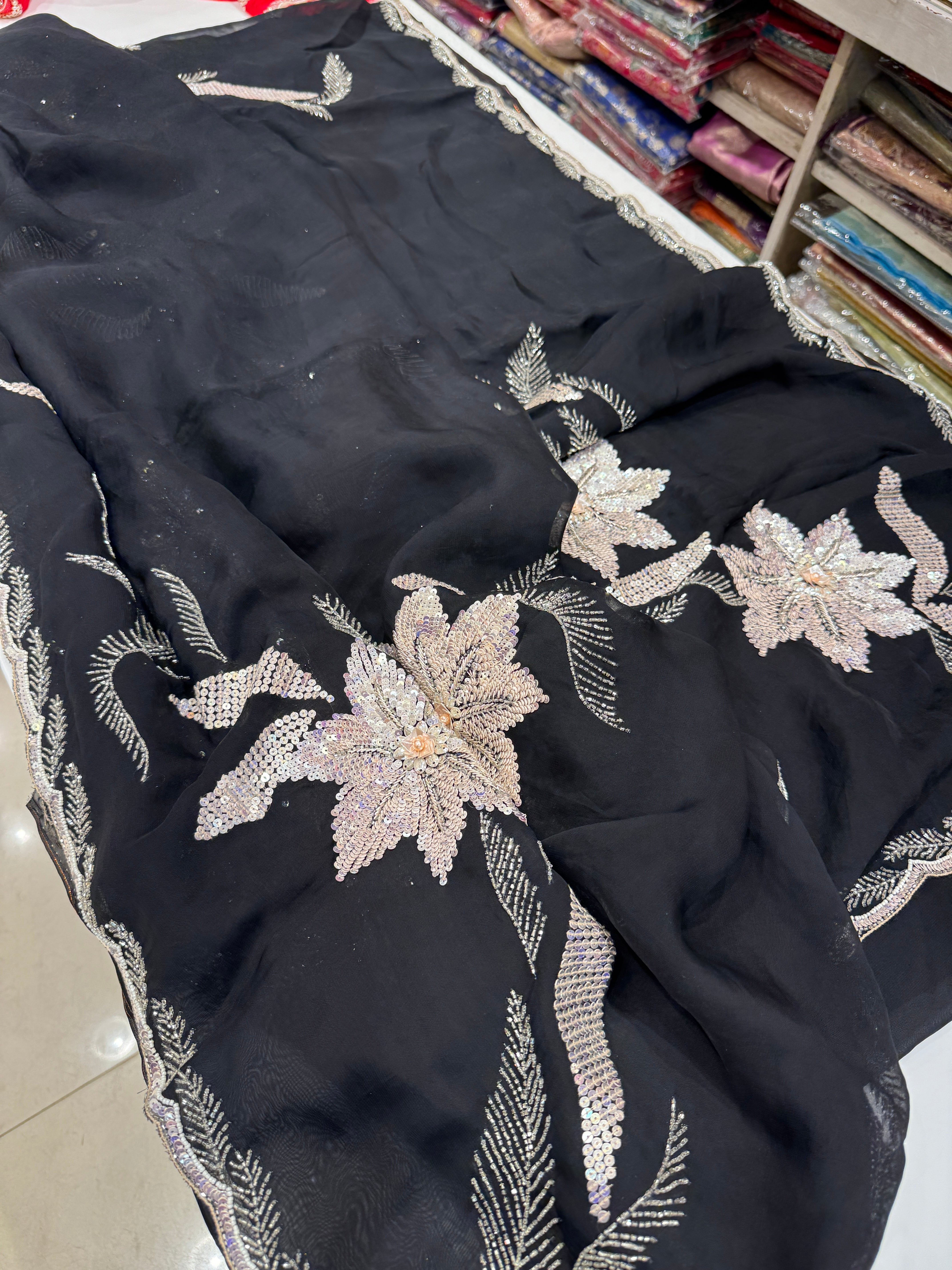 Black Satin Organza Embroidery Saree