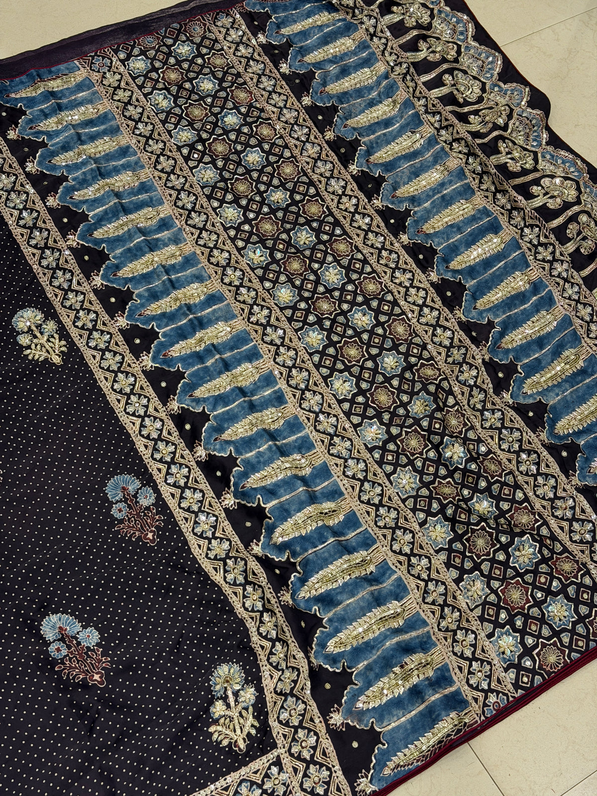 Black Buttas Pita Zardosi Sequin Ajrakh Hand Embroidery Saree