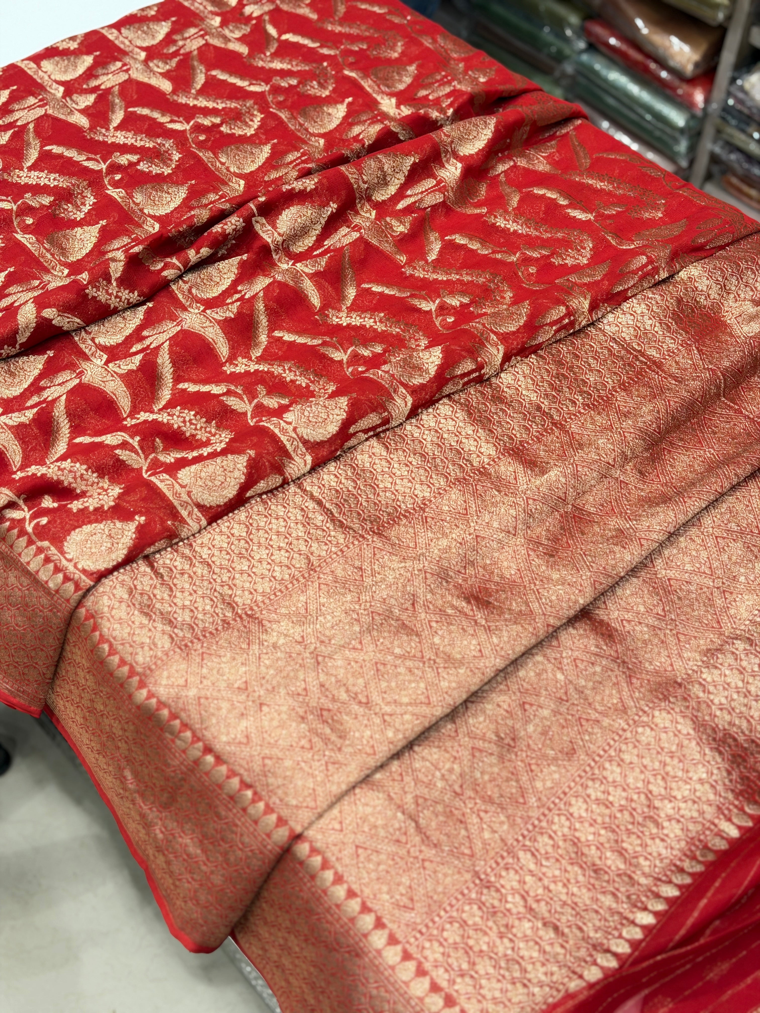 Red Crown Jaal Banarasi Khaddi Georgette Saree