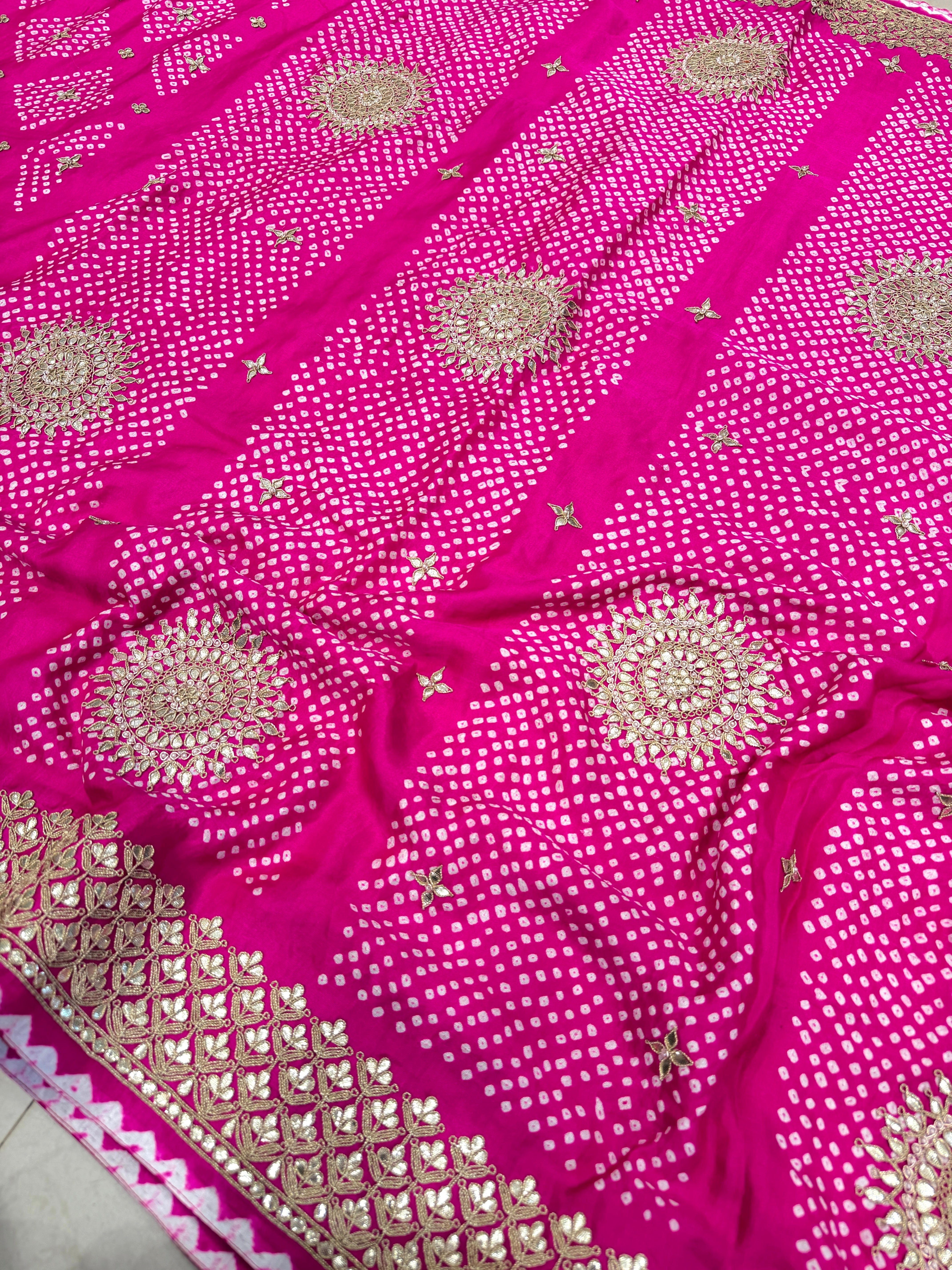 Rani Pink Gajji Silk Rai Bandhej Marodi Hand Embroidery Dabka Saree