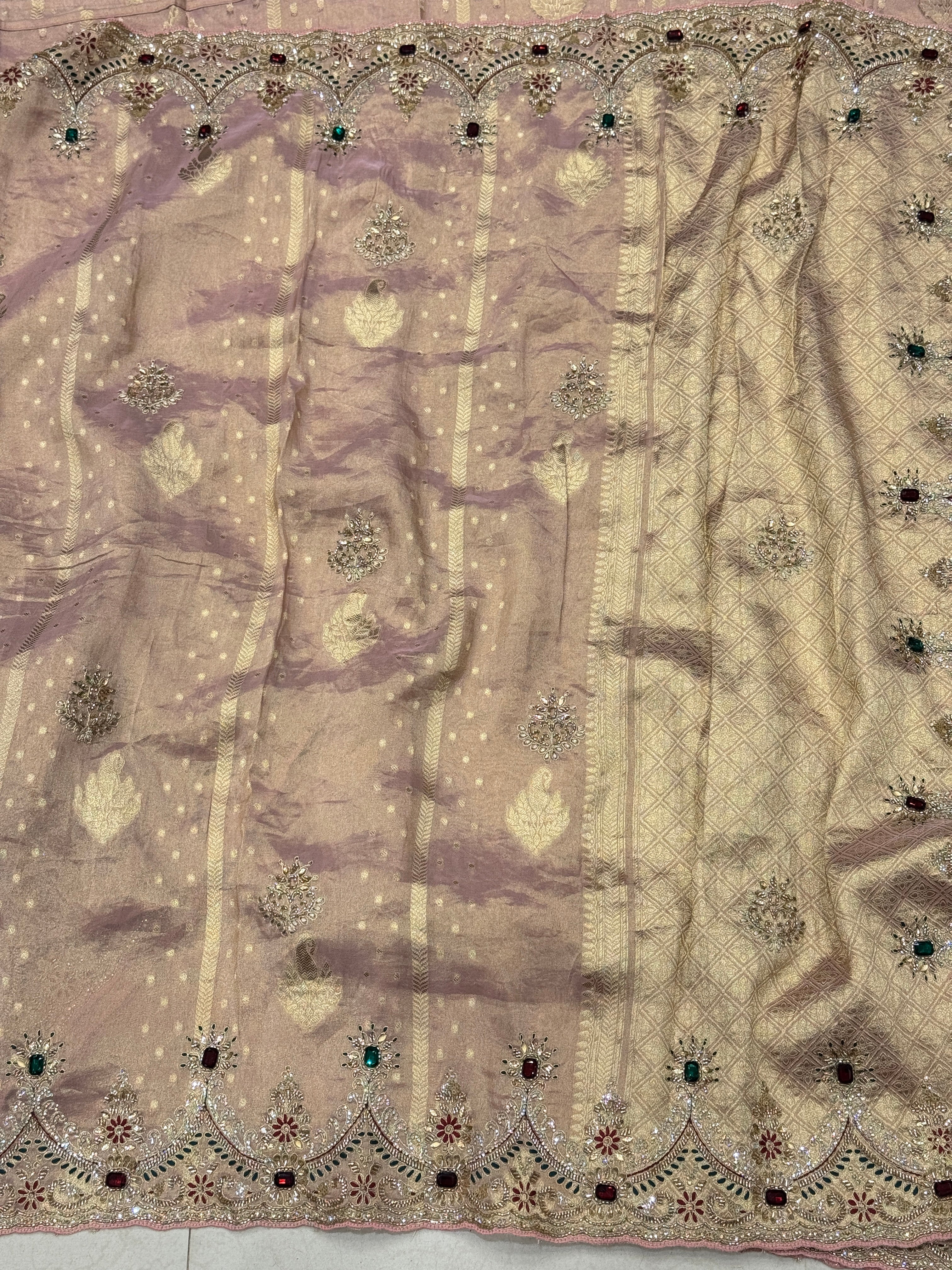 Pink Weaved Golden Silver Soft Tissue Pita Crystal Scallop Embroidery Saree