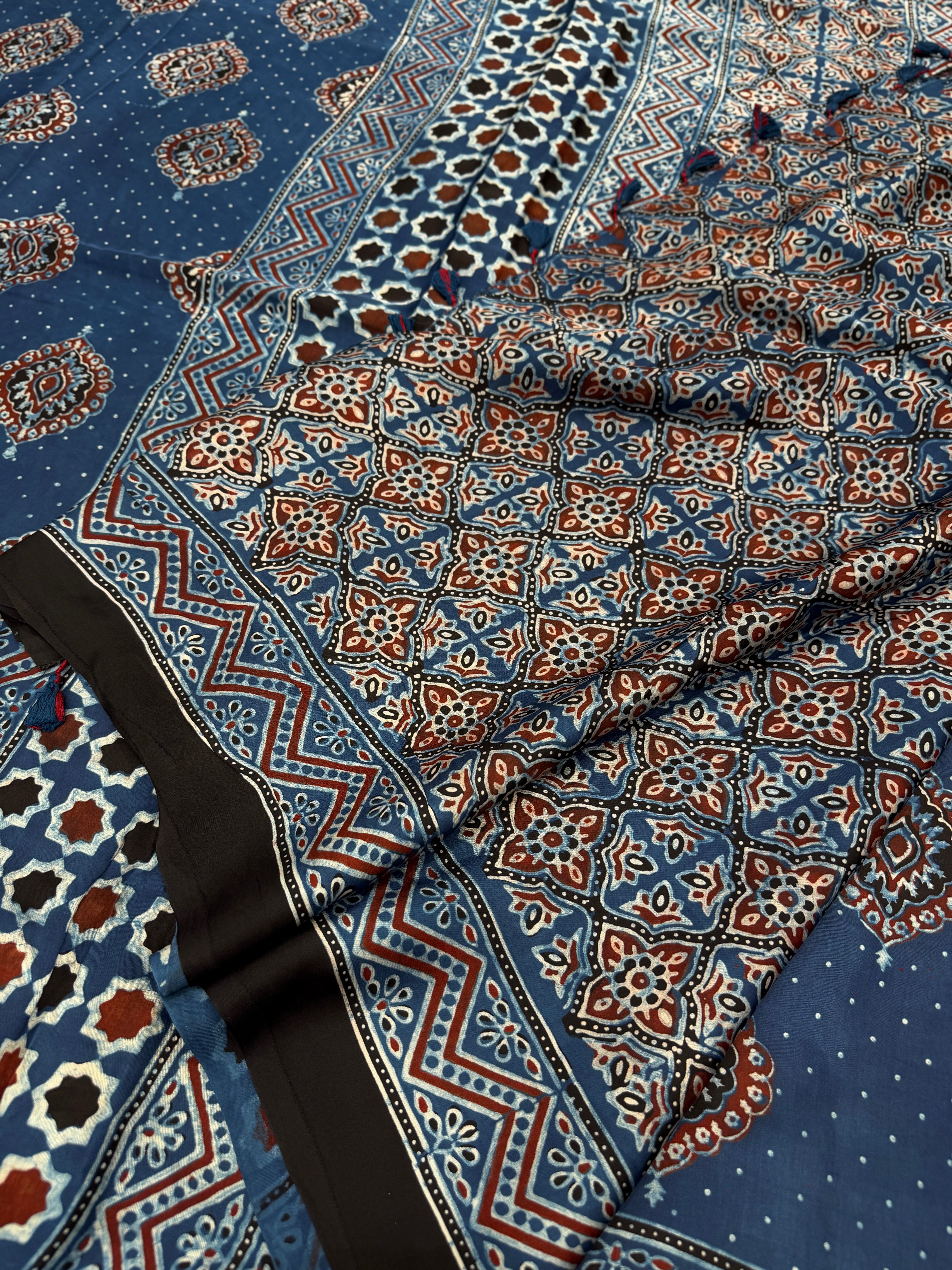 Blue Badam Butta Ajrakh Hand Block Print Pure Gajji Silk Saree