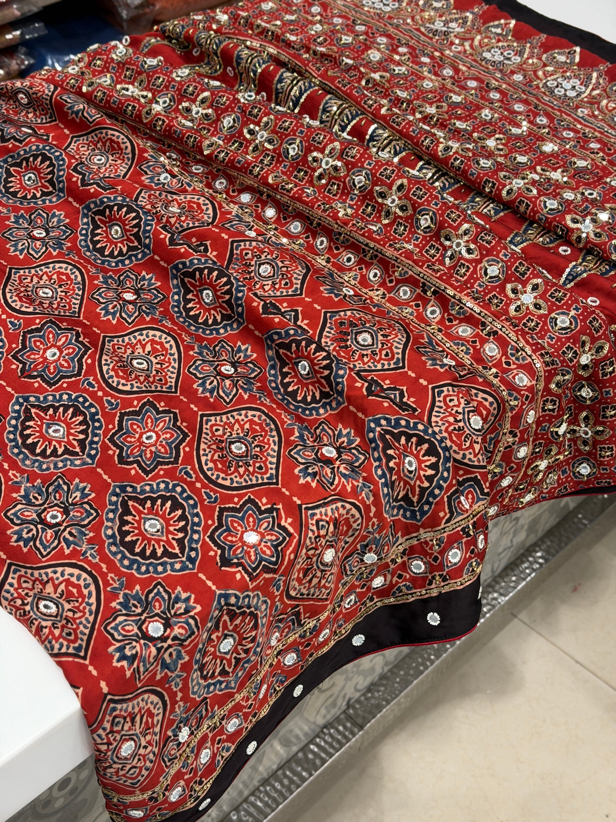 Red Badam Jaal Ajrakh Real Mirror Moti Sequin Hand Embroidery Saree