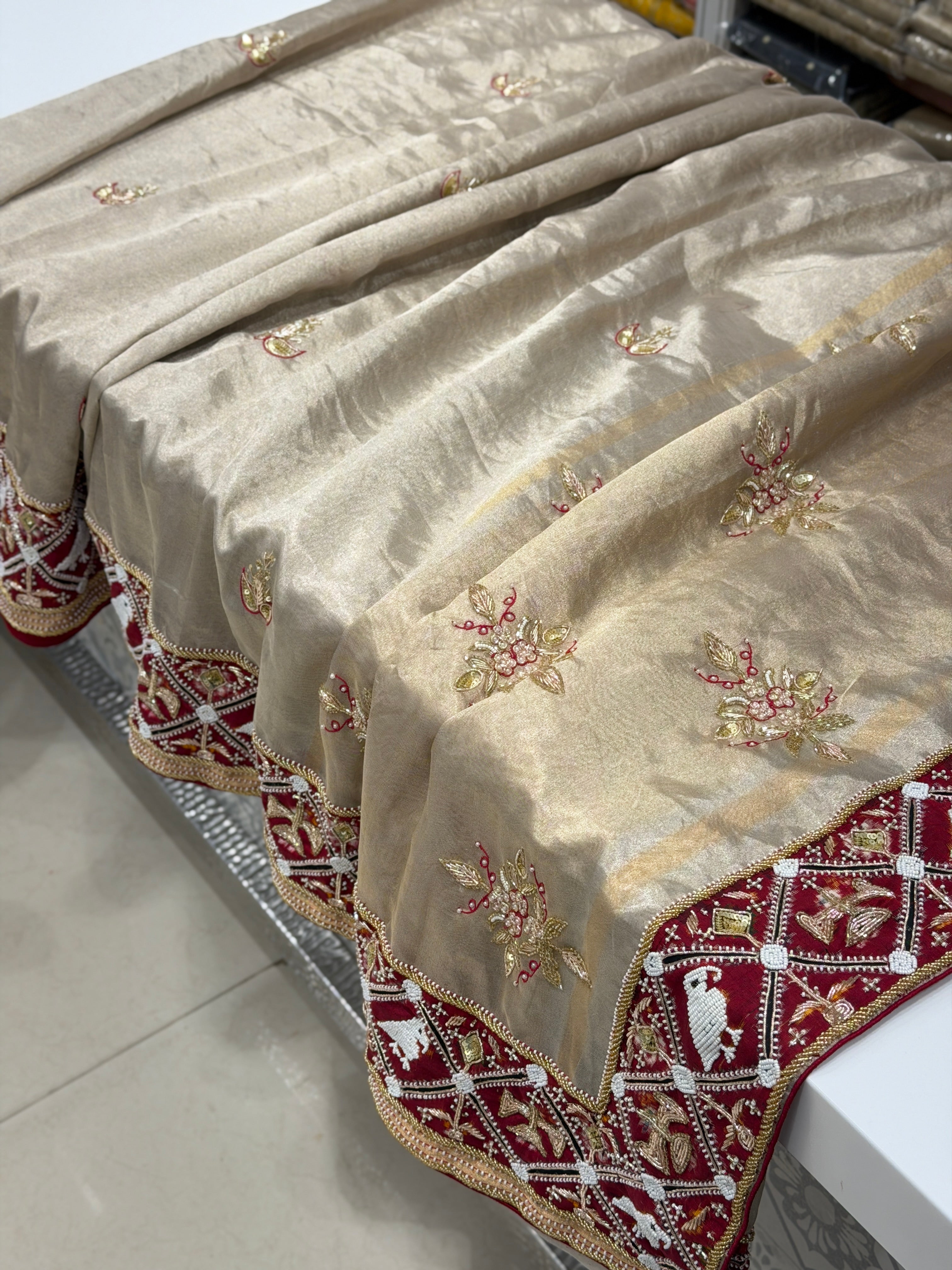 Silver Tissue Patan Patola Border Hand Embroidery Fusion Saree