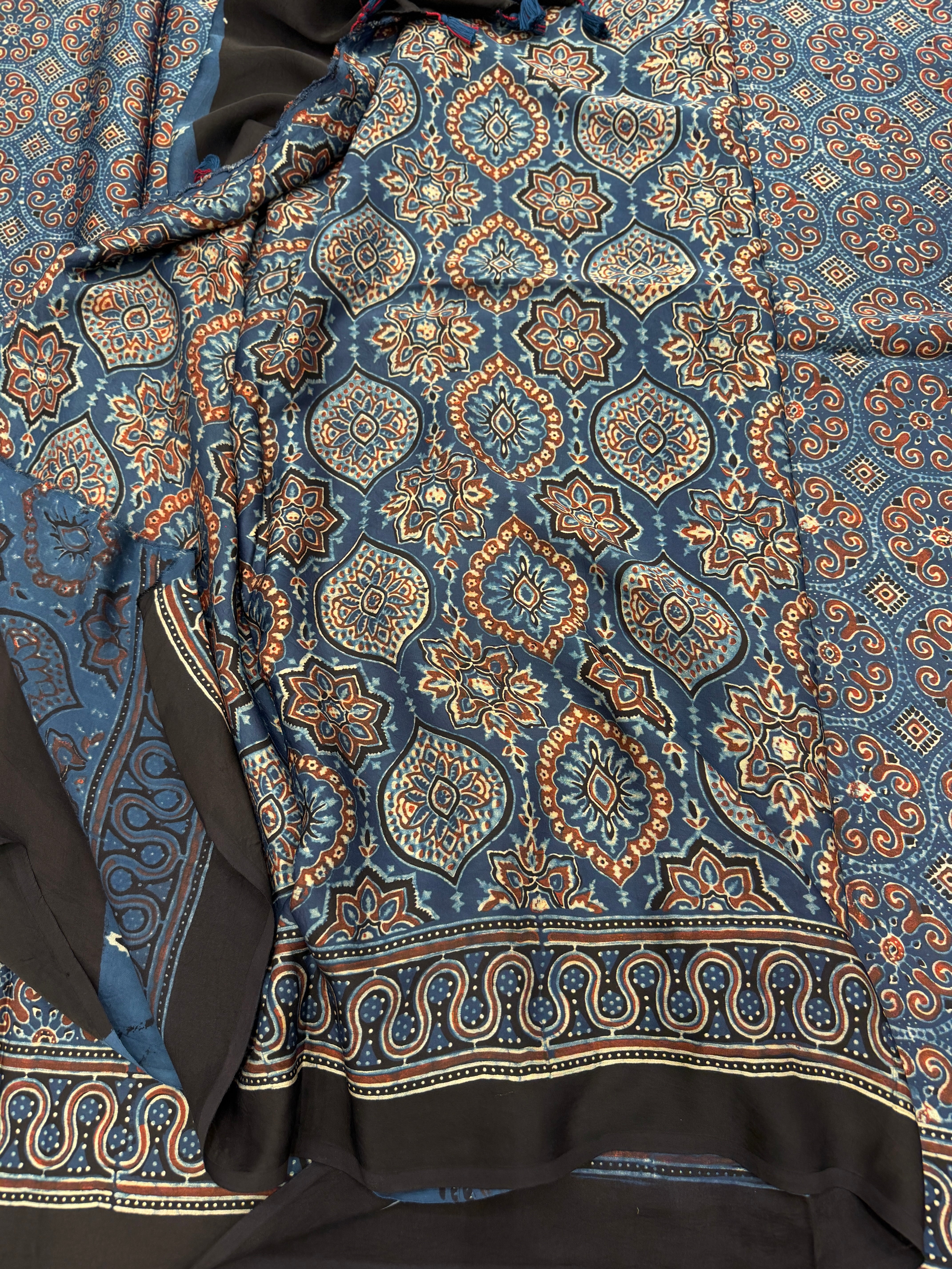 Blue Gol Jaal Ajrakh Hand Block Print Pure Gajji Silk Saree