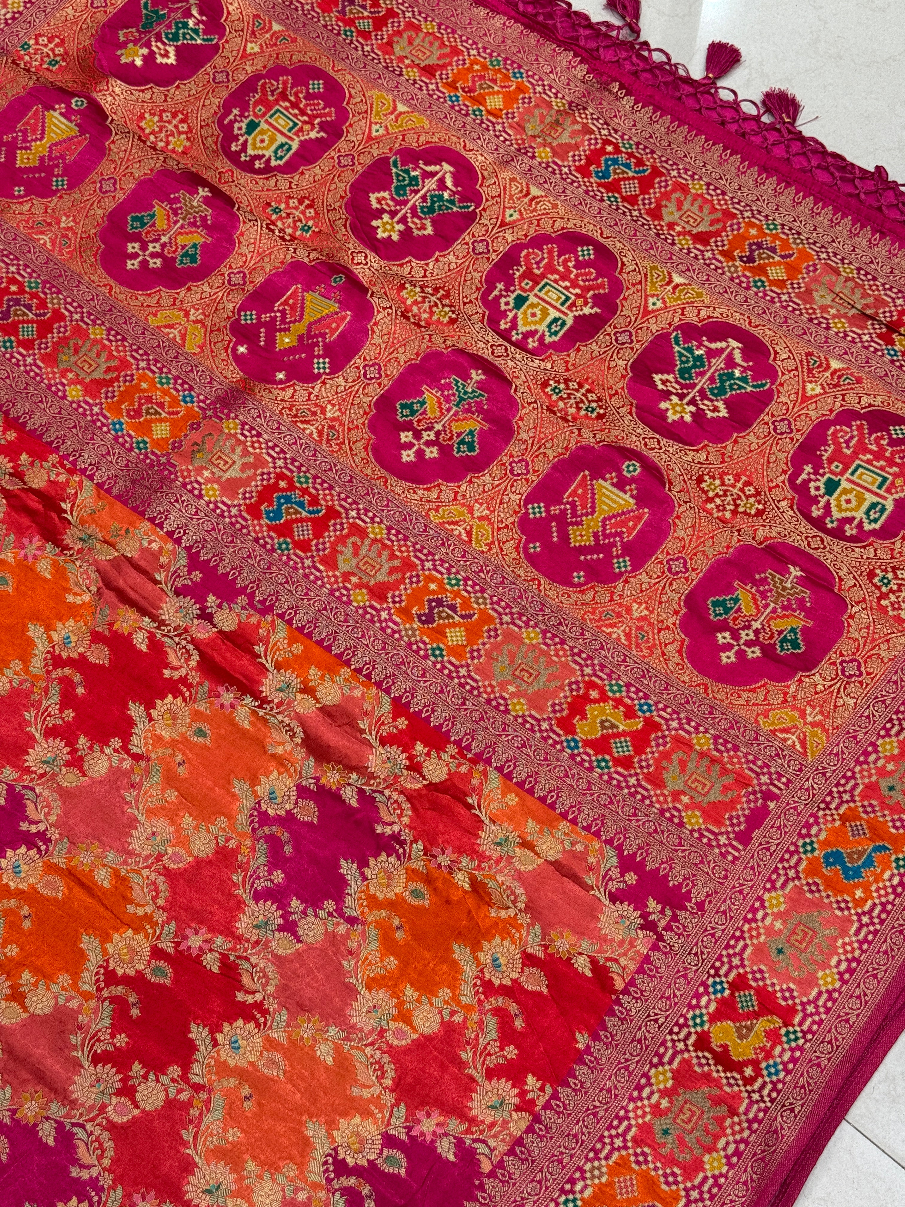 Orange Rani Banarasi Rangkat Fusion Patola Border Saree