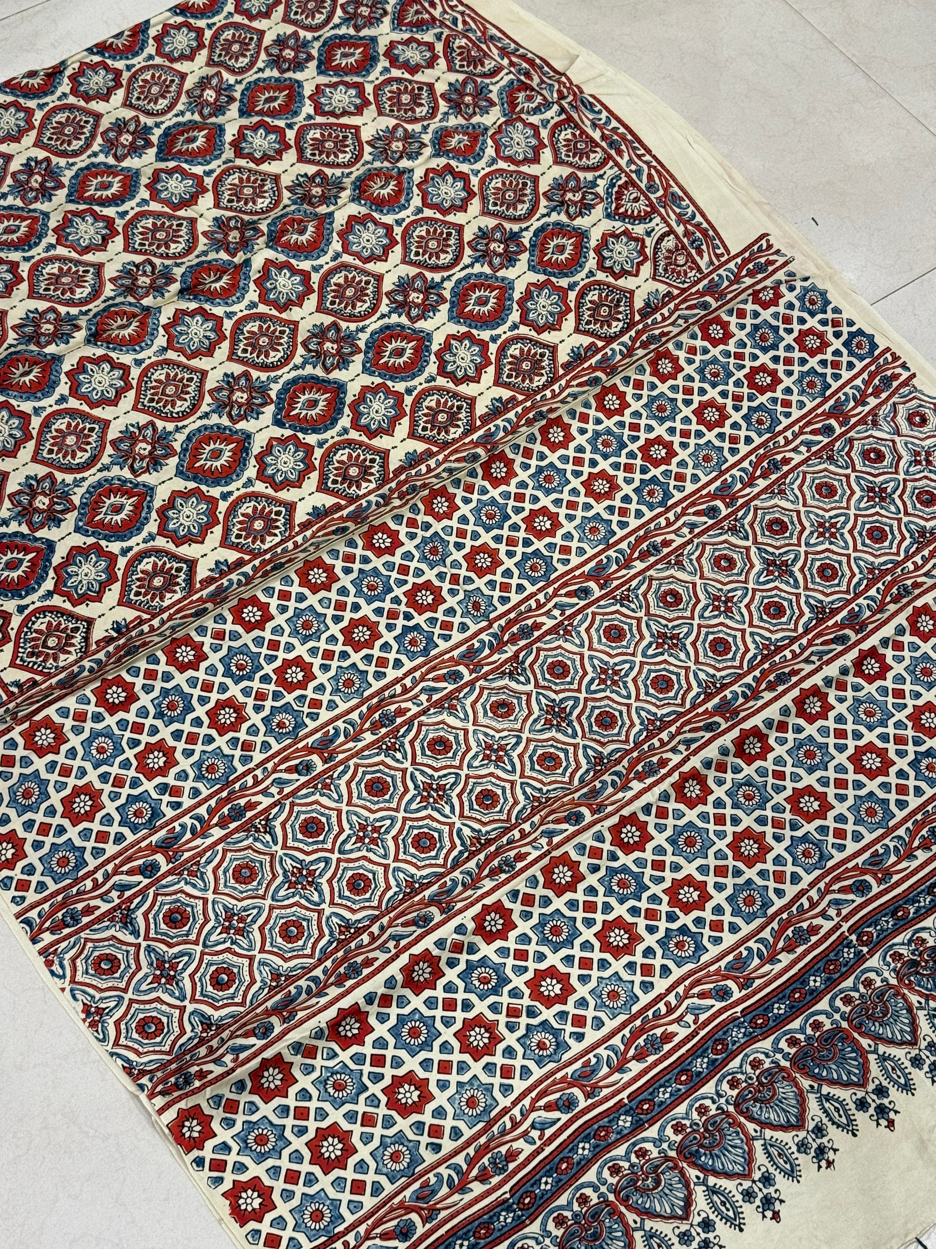 White Badam Buttas Jaal Ajrakh Modal Gajji Silk Saree