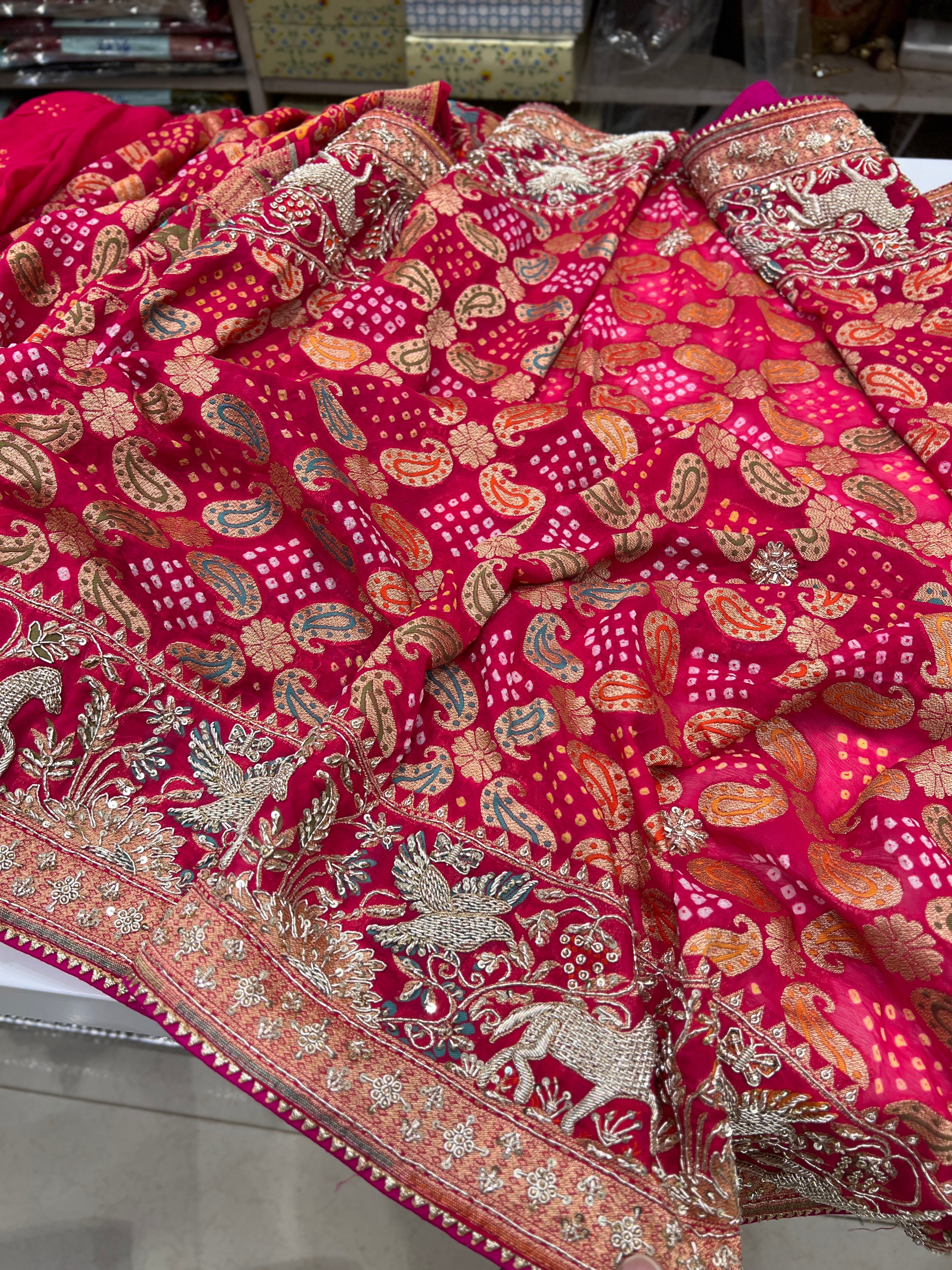 Pinkish Red Bandhej Meenakari Zardozi Saree