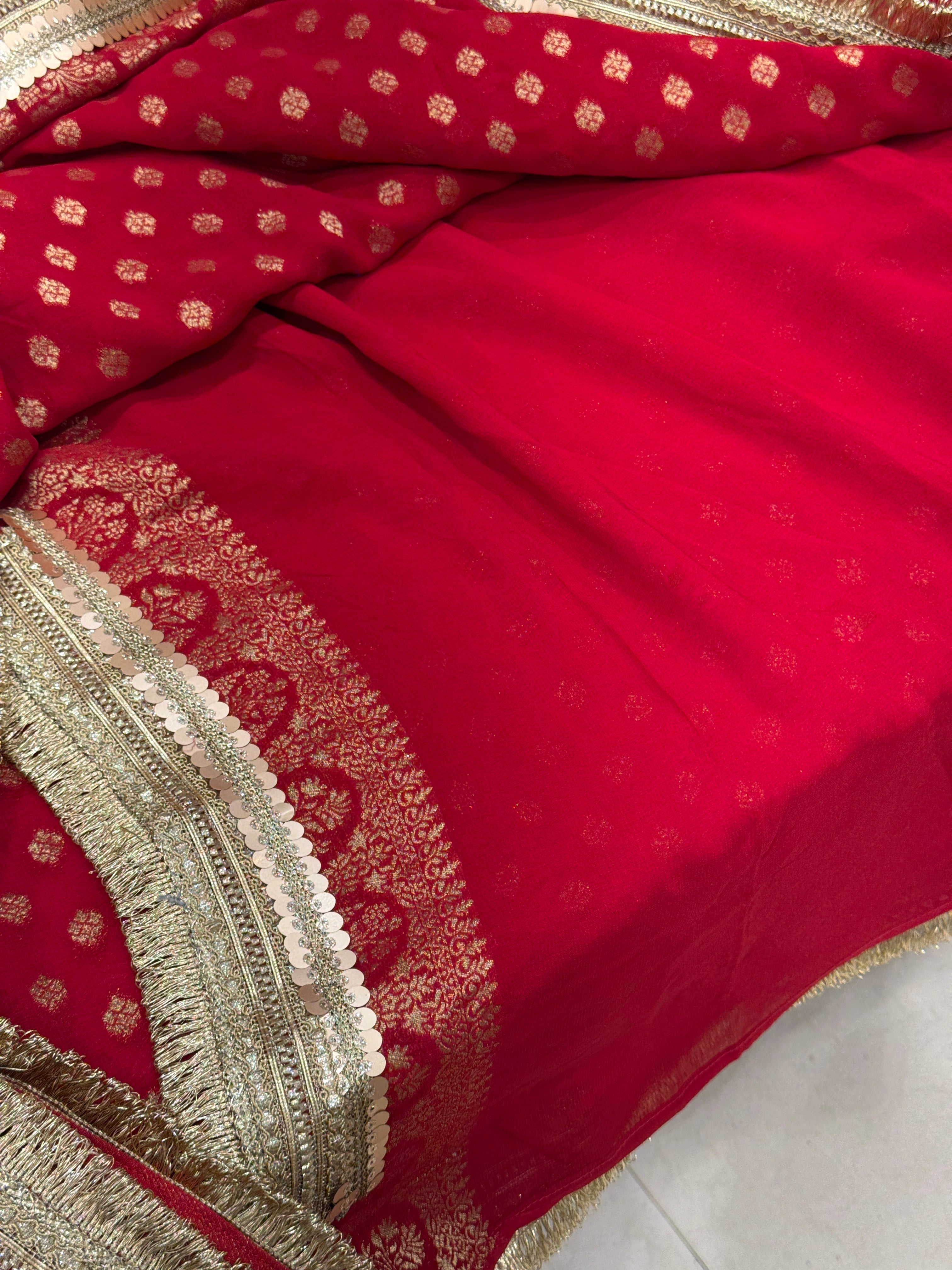 Red Banarasi Khaddi Georgette Buttis Maharani Lace Saree