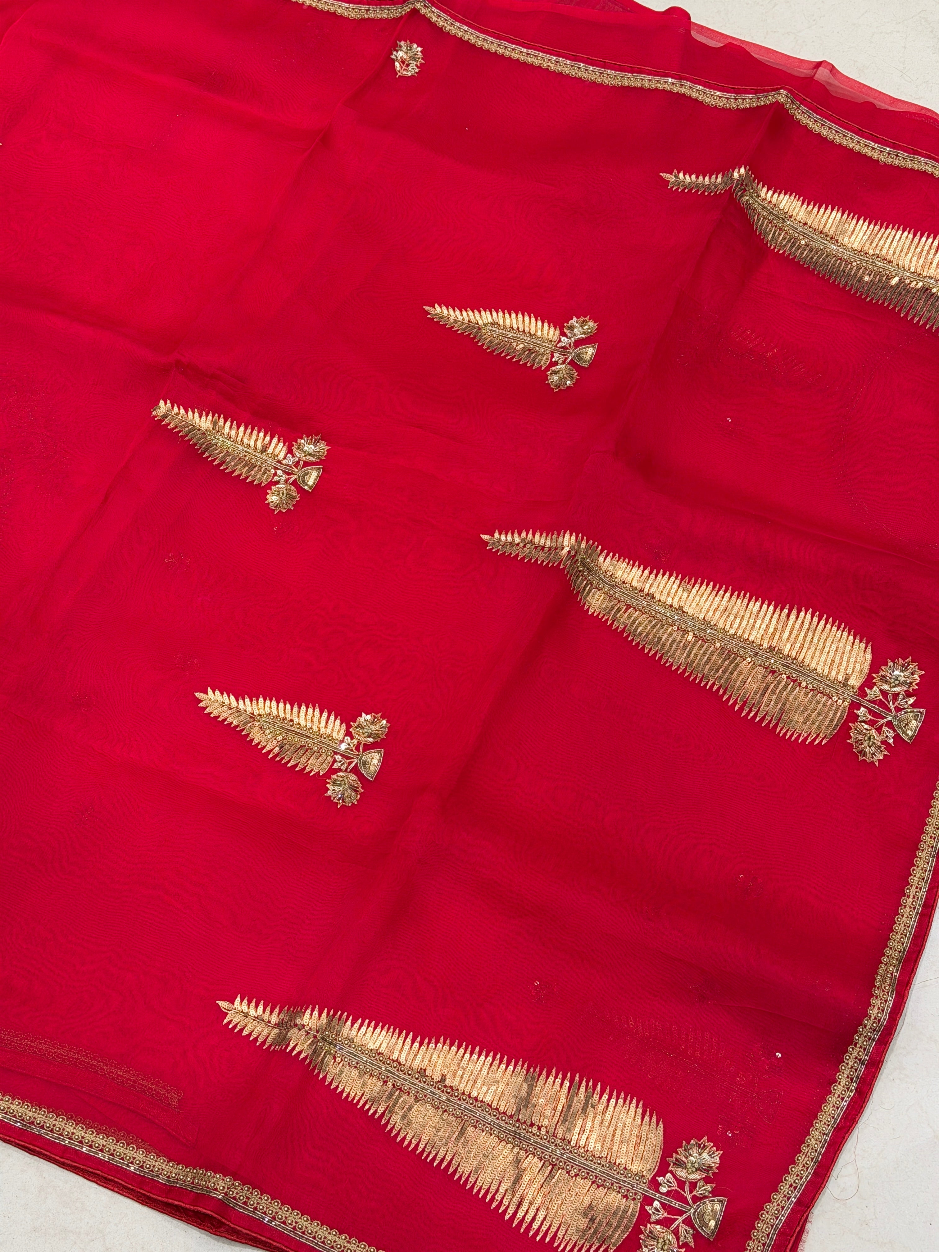 Red Pure Organza Raw Mango Inspired Contemporary Asopalav Pallu Zardodi Moti Sequin Hand Embroidery Saree