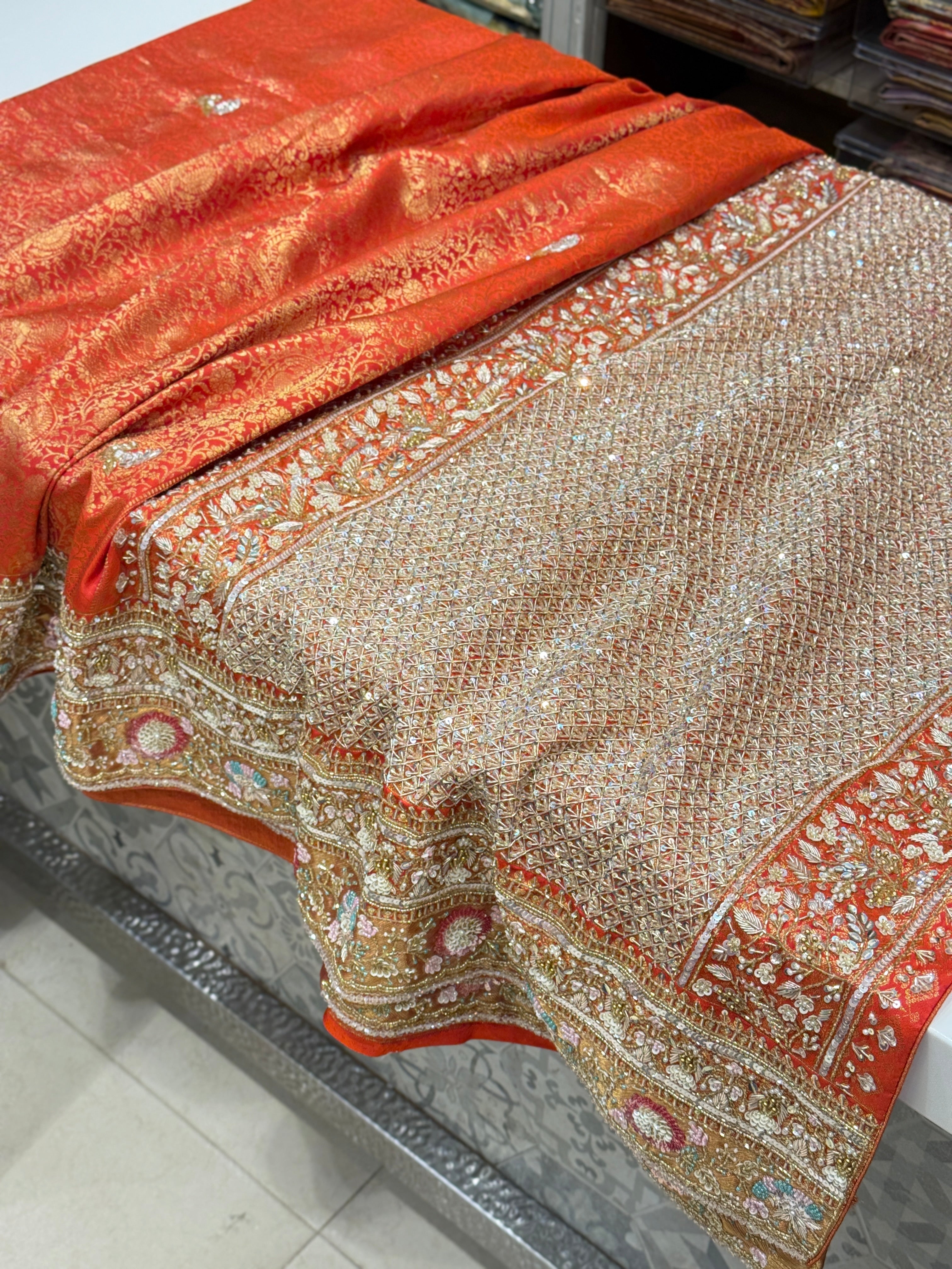 Rust Orange Kanjivaram Hand Embroidery Saree